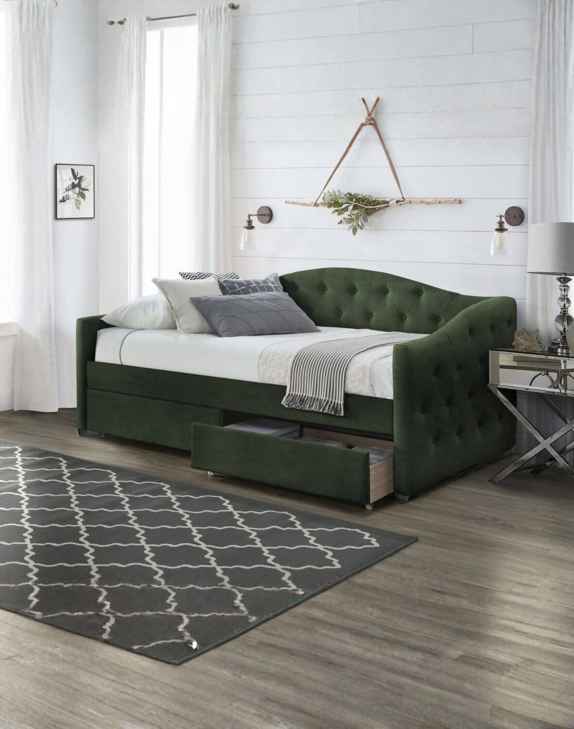 łóżko pojedyncze z szufladami aloha 90x200, zielony velvet