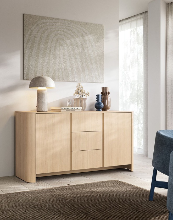 szeroka komoda z szufladami bari ksz168 ze złotą listwą, dąb vicenza