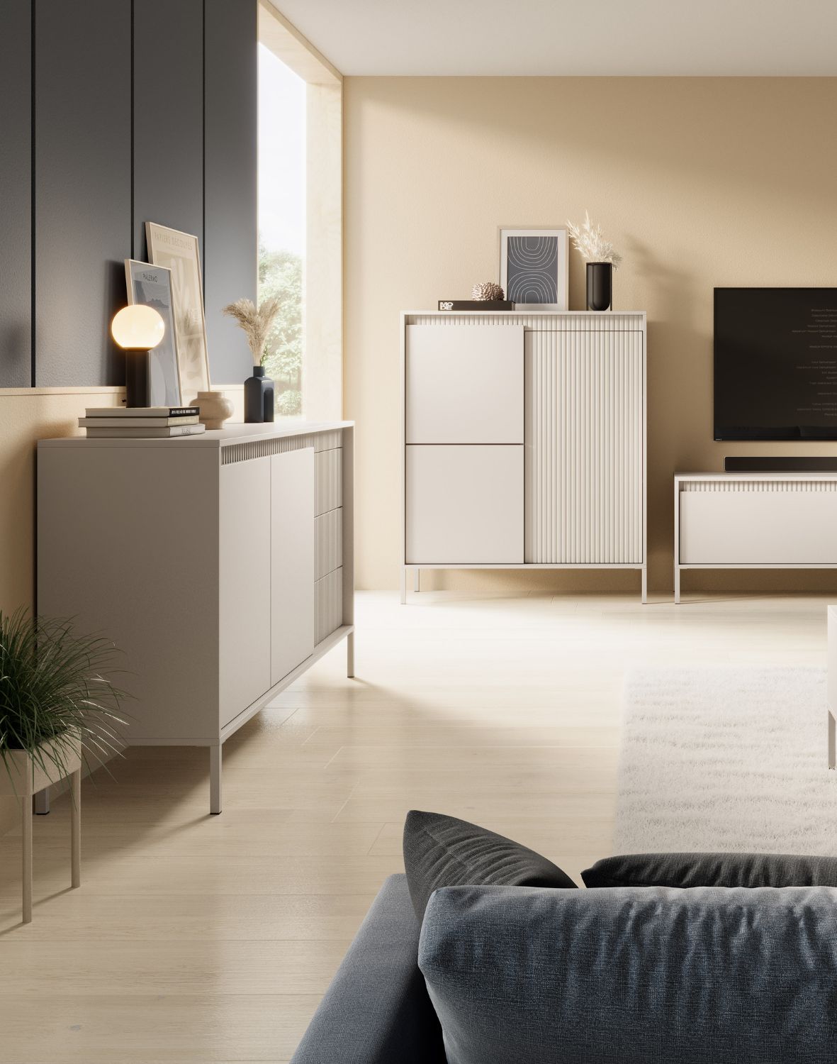 beżowa komoda do salonu z szafkami i szufladami senso b