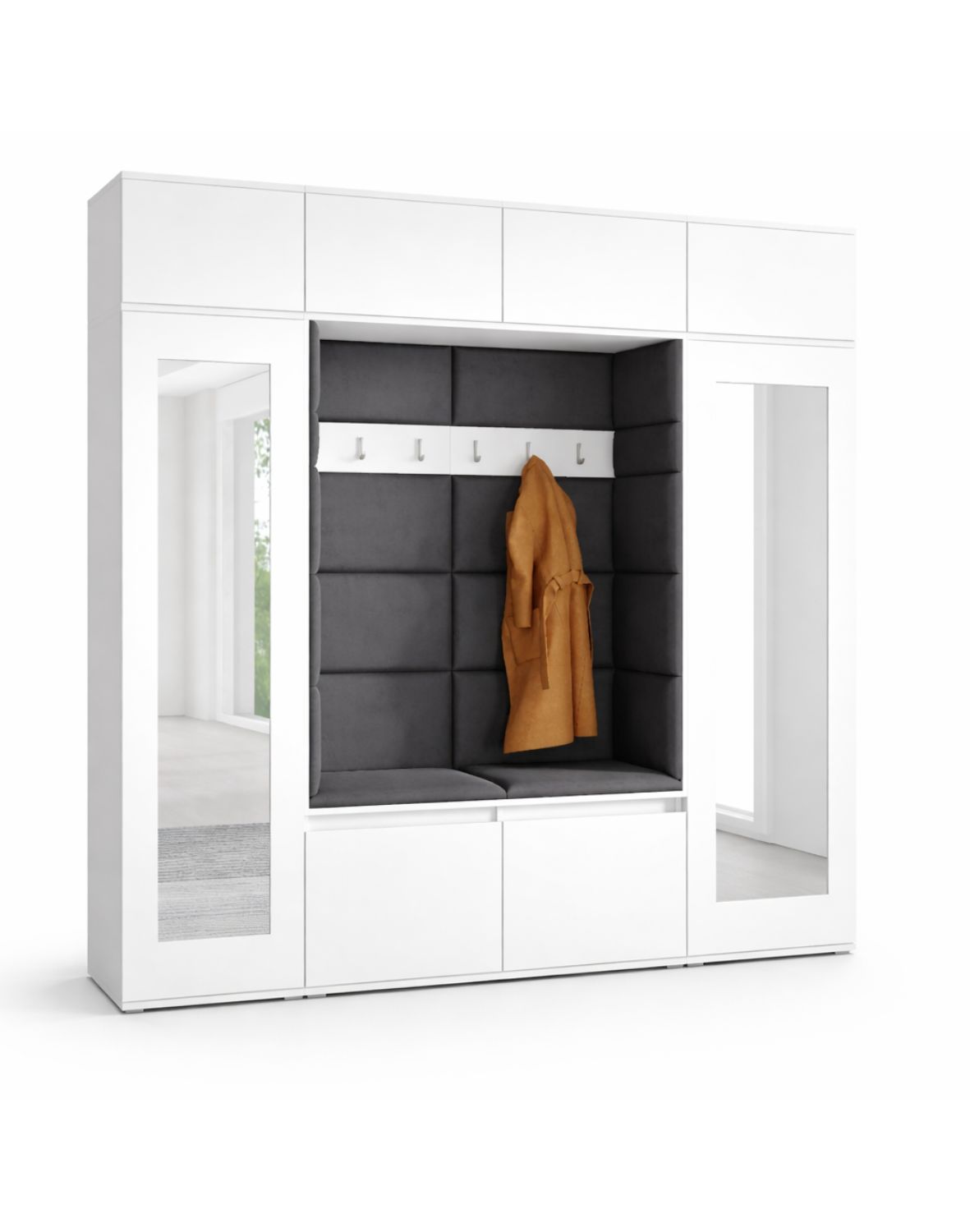 biała garderoba do przedpokoju z siedziskiem szafą i lustrem emi 32