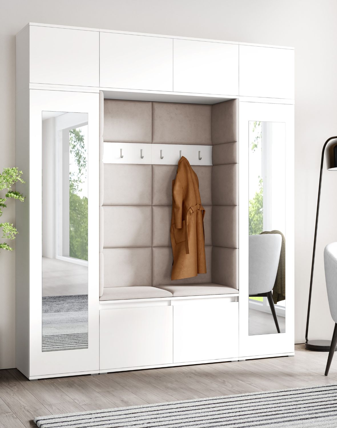 biała garderoba do przedpokoju z siedziskiem szafą i lustrem emi 32