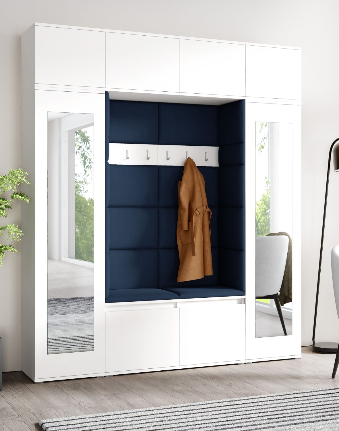 biała garderoba do przedpokoju z siedziskiem szafą i lustrem emi 32