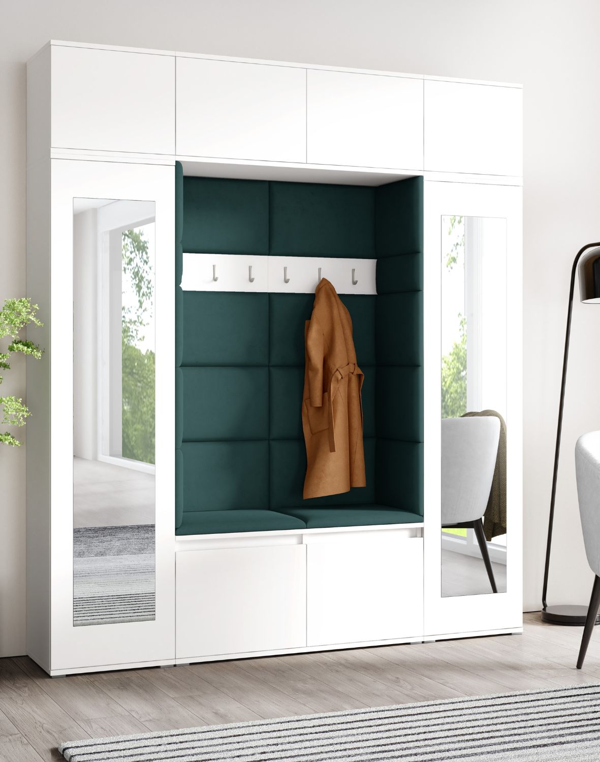 biała garderoba do przedpokoju z siedziskiem szafą i lustrem emi 32