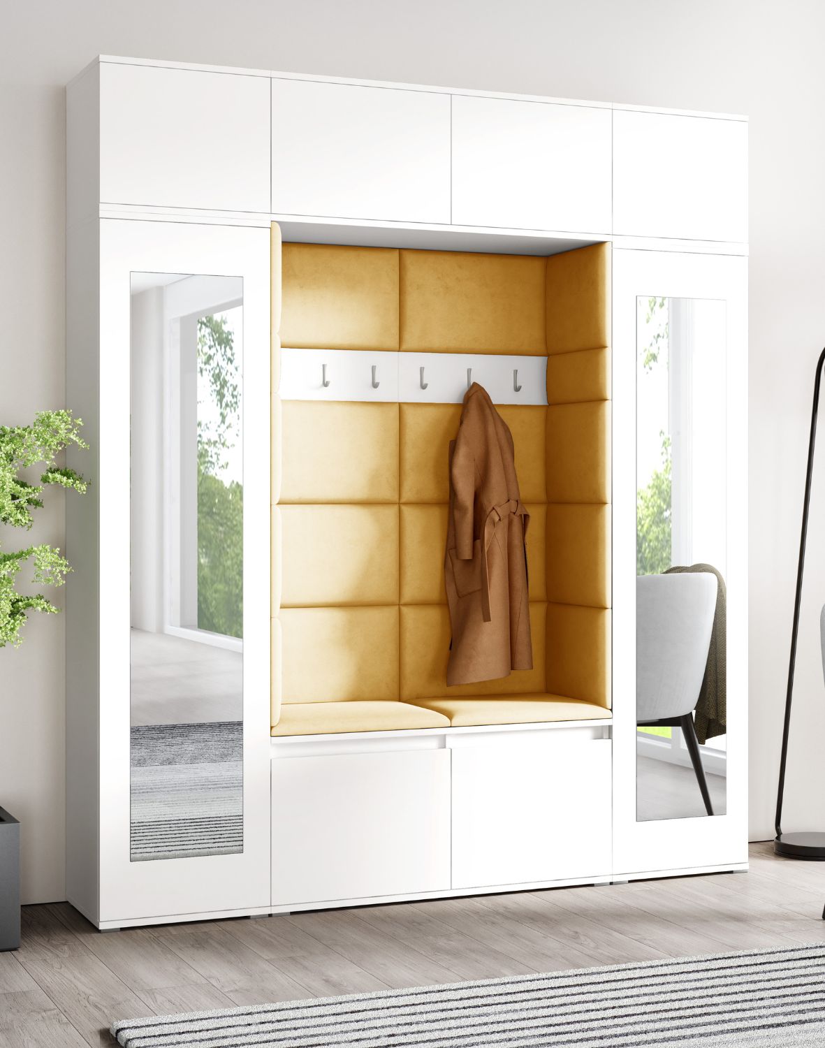 biała garderoba do przedpokoju z siedziskiem szafą i lustrem emi 32