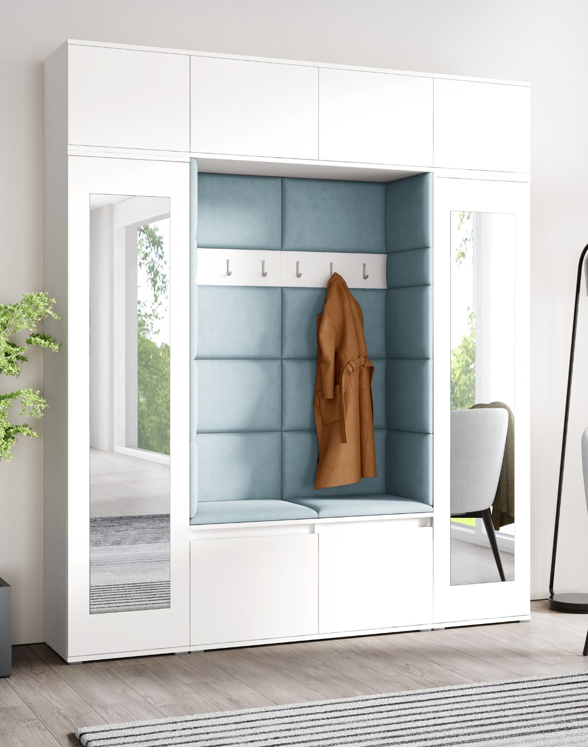 biała garderoba do przedpokoju z siedziskiem szafą i lustrem emi 32