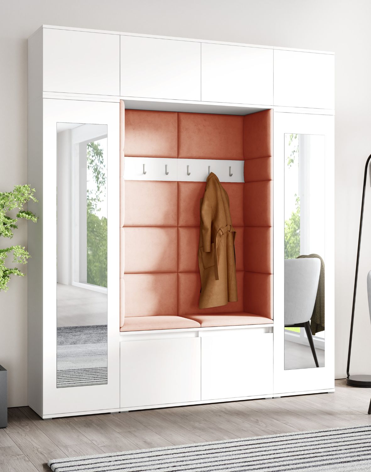 biała garderoba do przedpokoju z siedziskiem szafą i lustrem emi 32