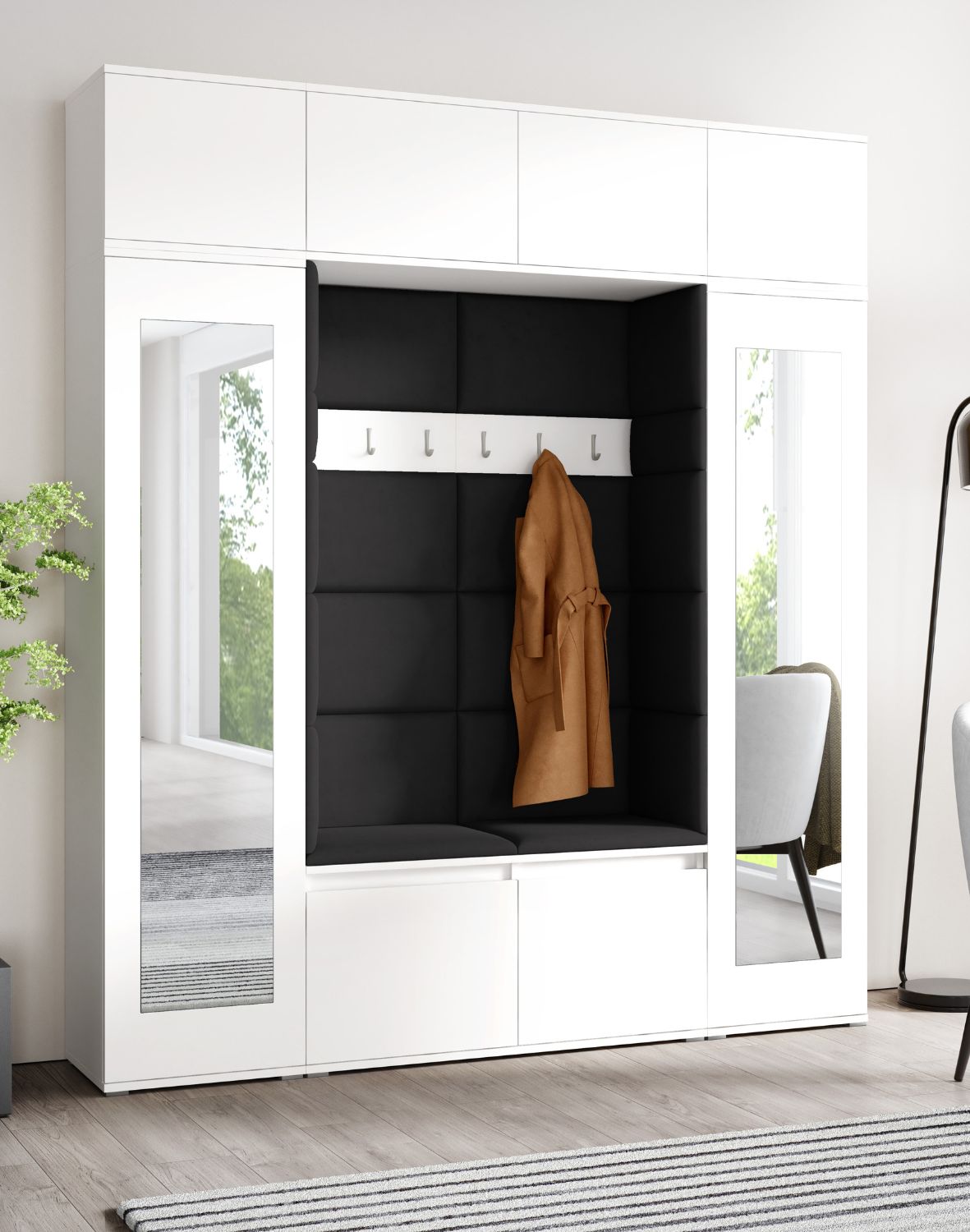 biała garderoba do przedpokoju z siedziskiem szafą i lustrem emi 32