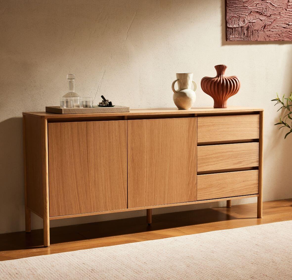 komoda Blair 160 cm, naturalny dąb, 3 szuflady i szafka (SB01)