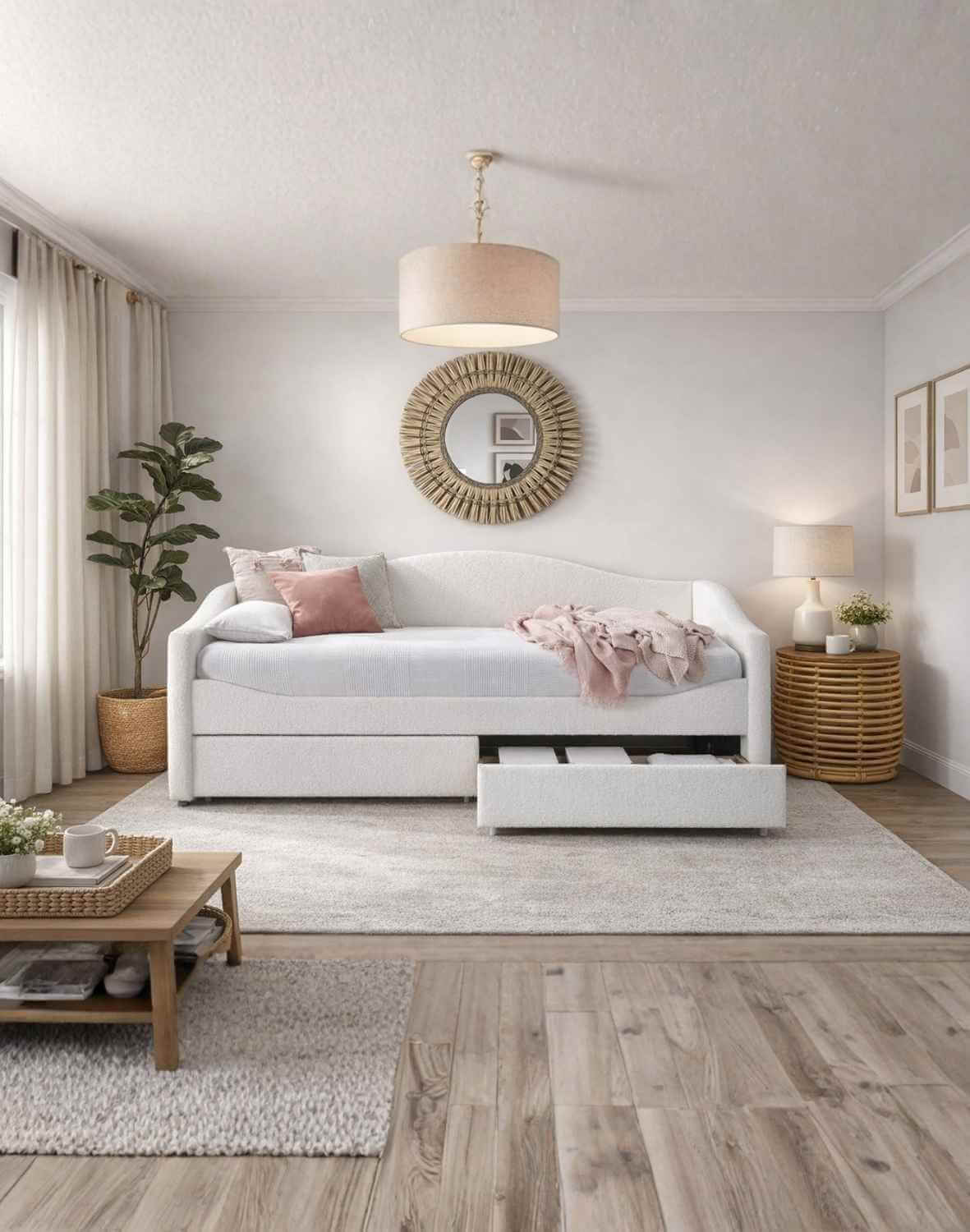 łóżko pojedyncze z szufladami caydence 90x200, kremowe