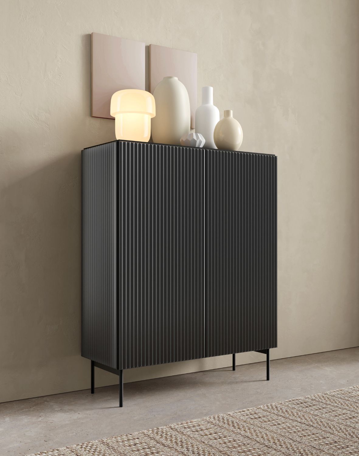 czarna wysoka szafka ryflowana do salonu muti