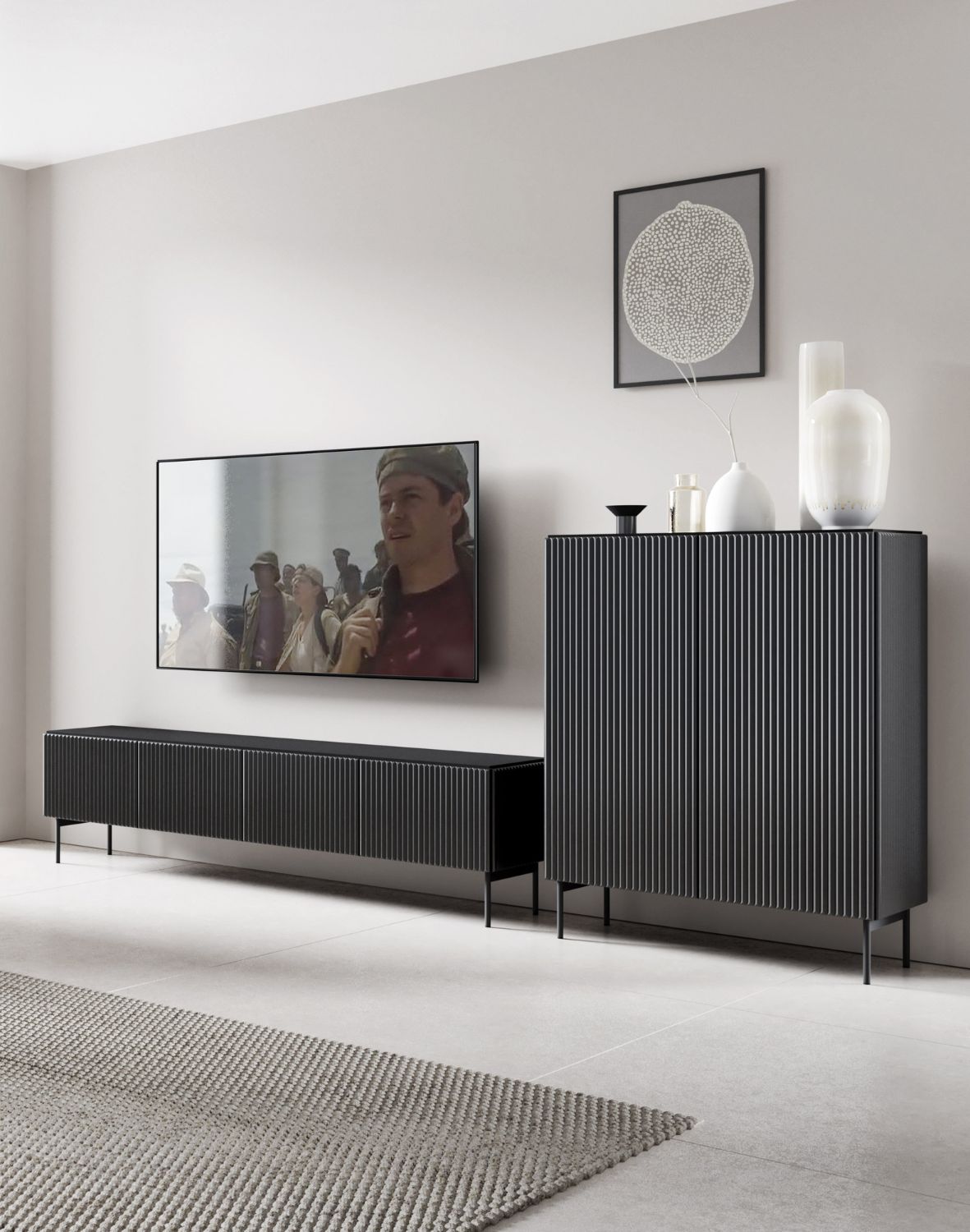 czarna wysoka szafka ryflowana do salonu muti