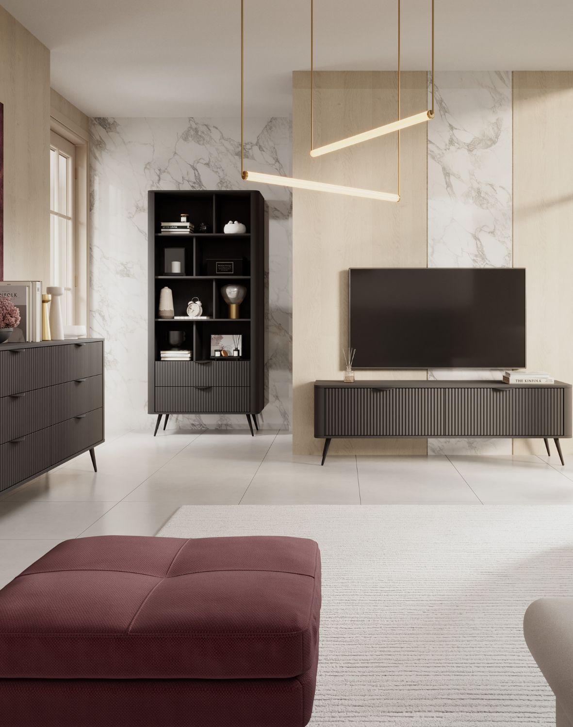 czarny regał na książki z szufladami lante 1