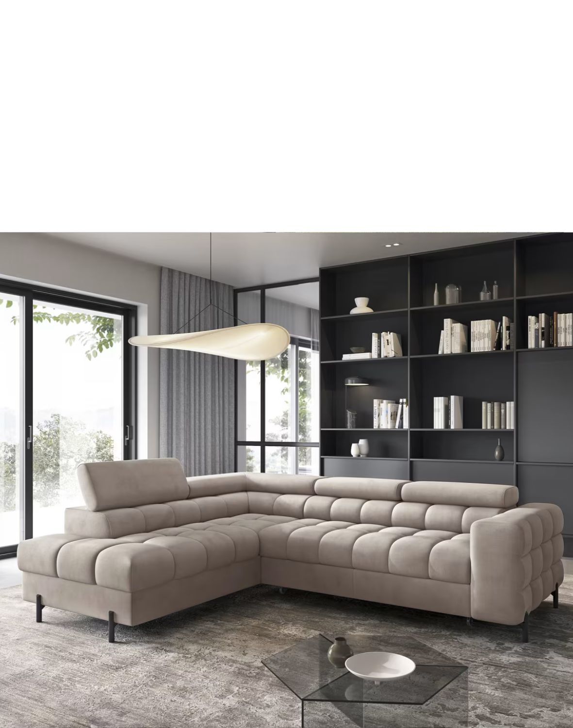 narożnik ferucce z funkcją spania i pojemnikiem, regulowane zagłówki