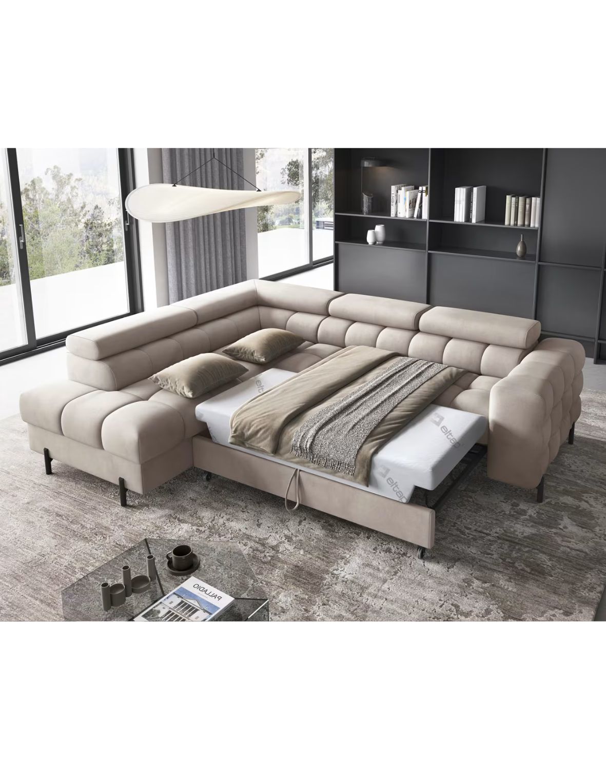 narożnik ferucce z funkcją spania i pojemnikiem, regulowane zagłówki