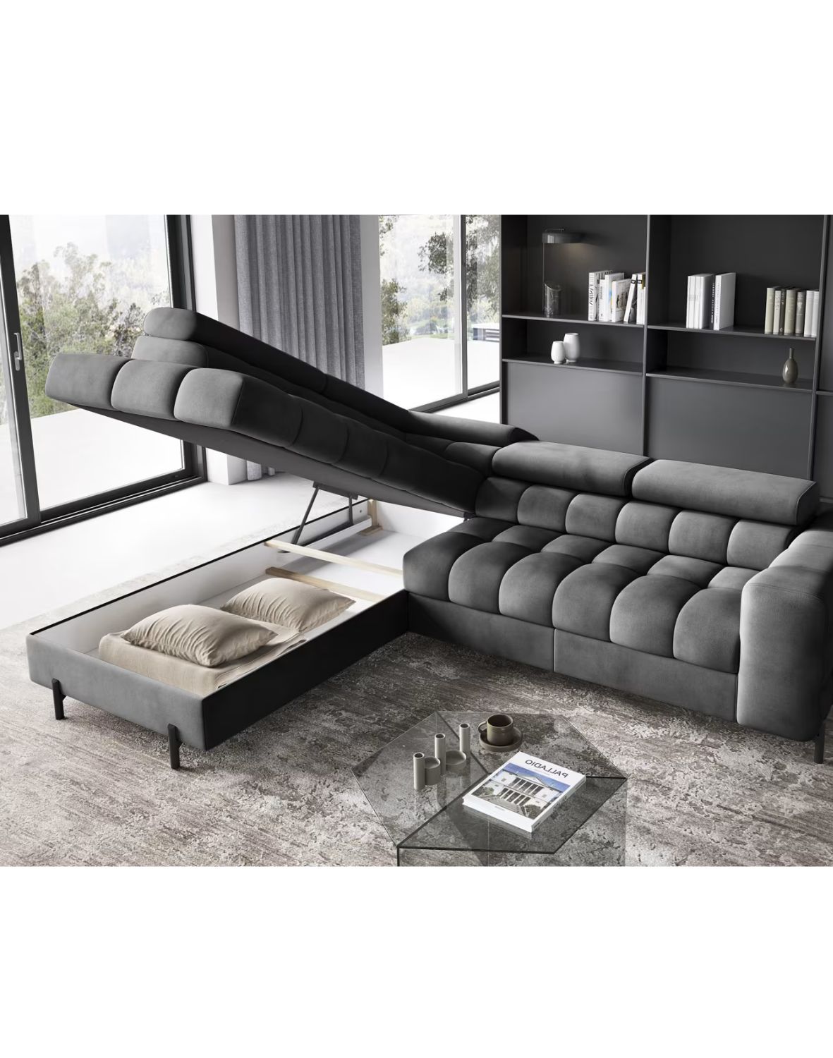 narożnik ferucce z funkcją spania i pojemnikiem, regulowane zagłówki - dostawa express