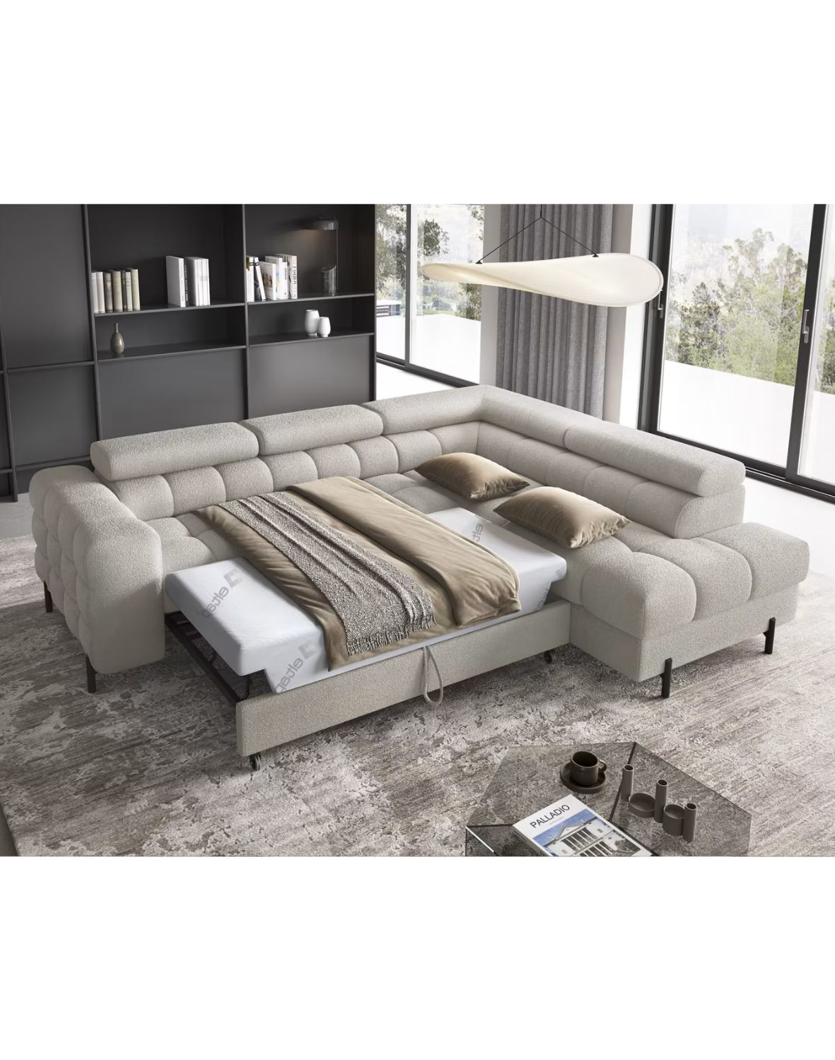 narożnik ferucce z funkcją spania i pojemnikiem, regulowane zagłówki - dostawa express