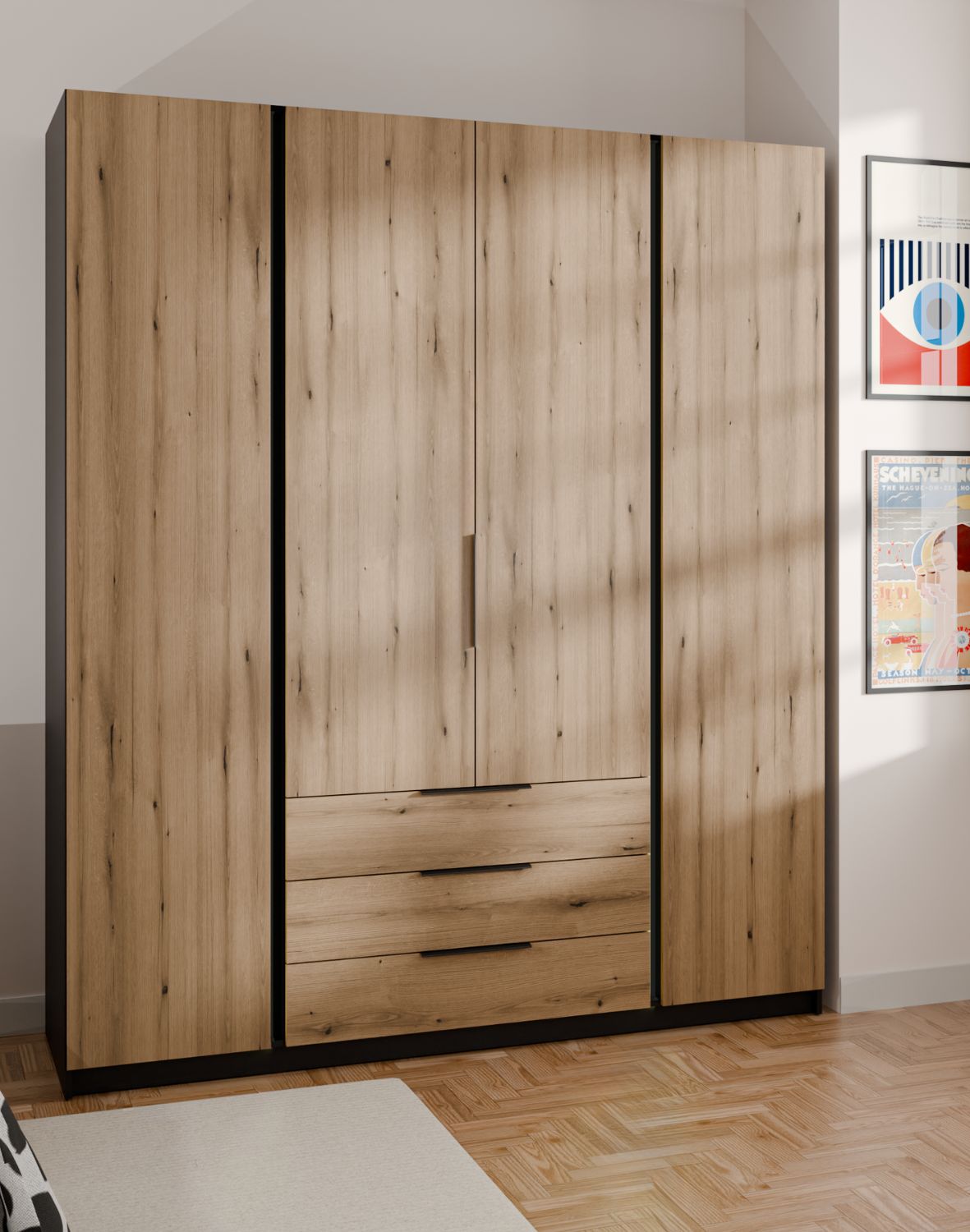 Szafa 4-drzwiowa z szufladami Kaja BL/EV 4F2S Dąb Evoke, Czarny