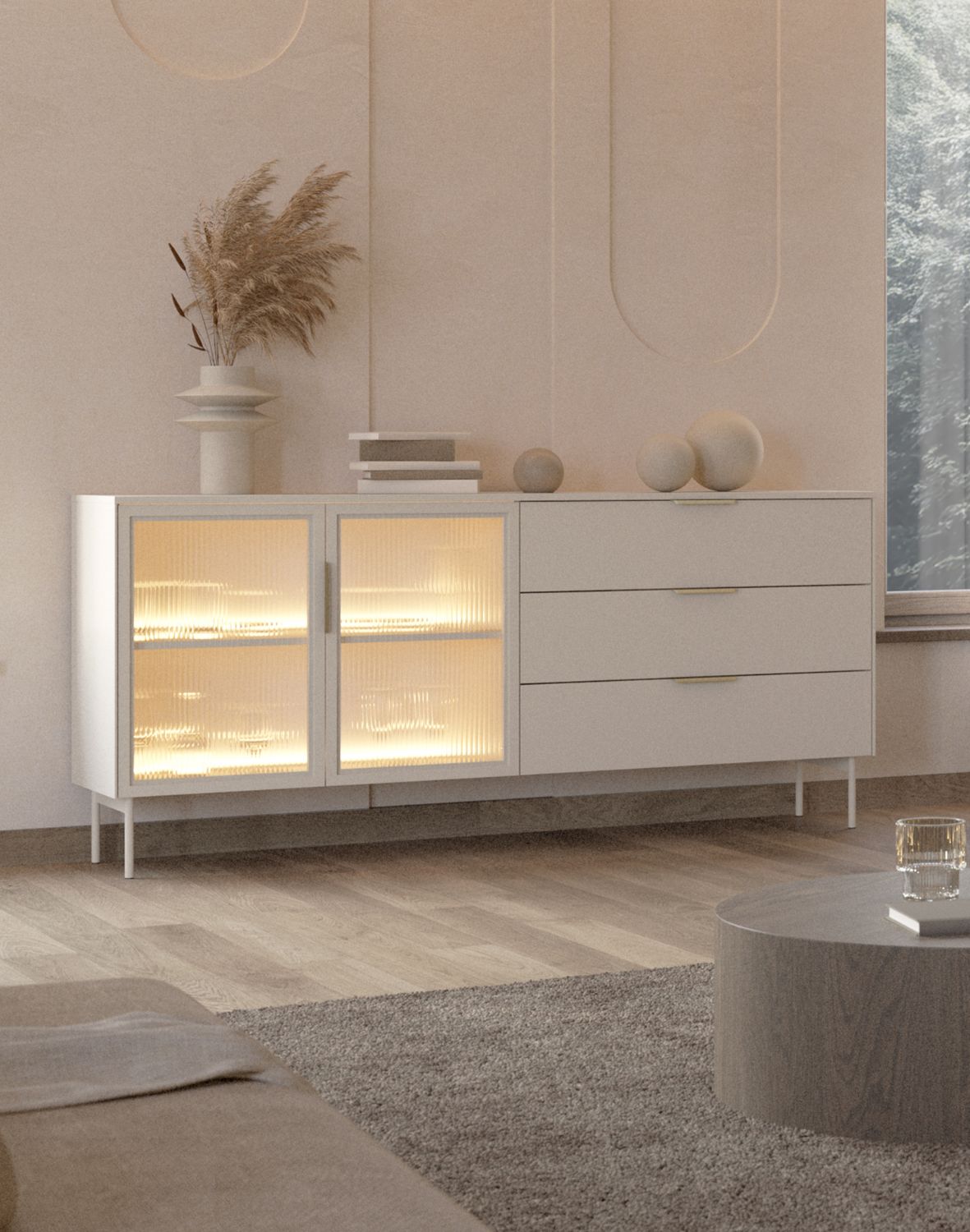 kaszmirowa komoda z szufladami i witryną lumi c