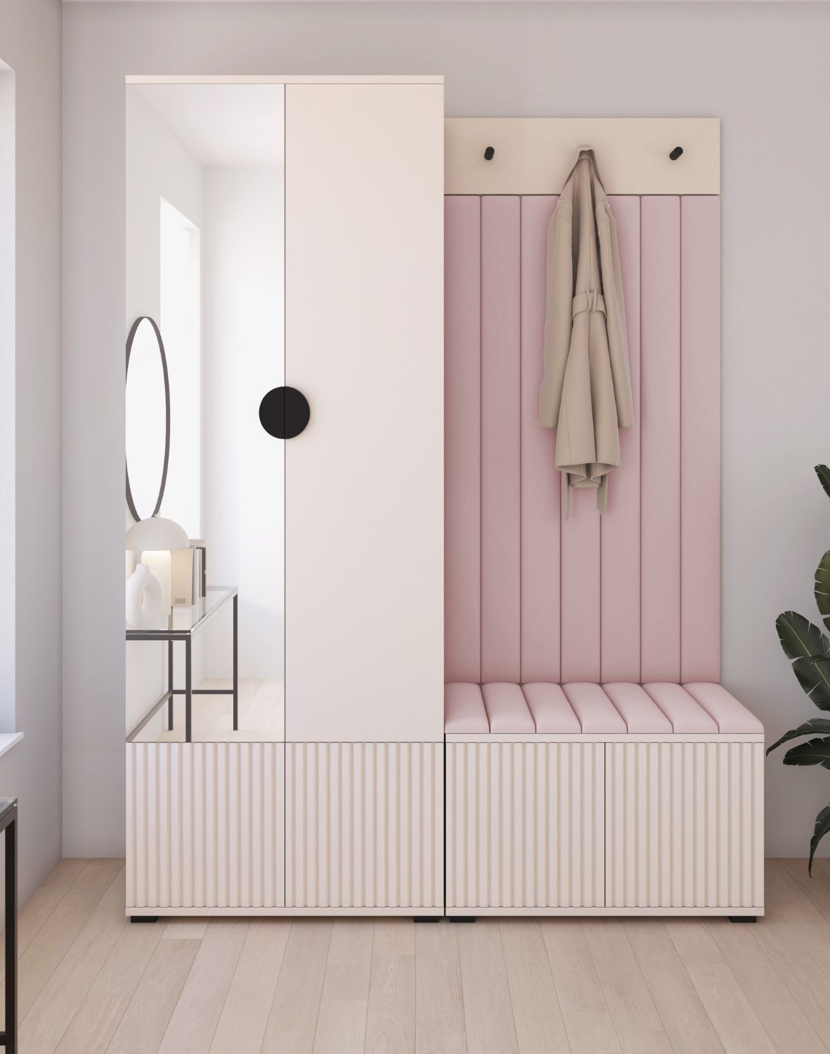 kaszmirowa szafa do przedpokoju z różowym siedziskiem rayo