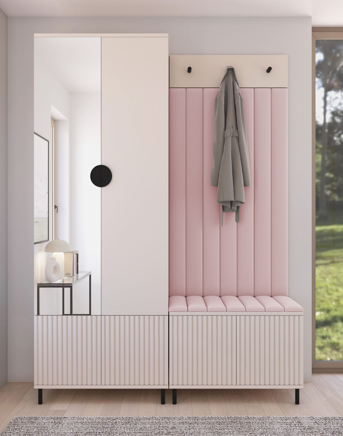 kaszmirowa szafa do przedpokoju z różowym siedziskiem rayo