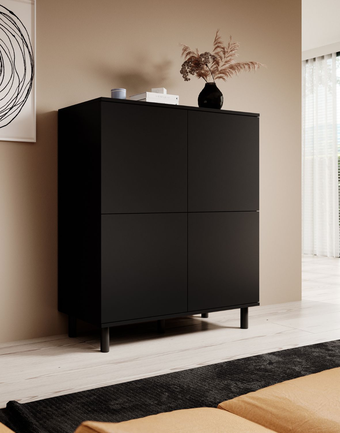 czarna komoda logan 4d na wysokich nóżkach