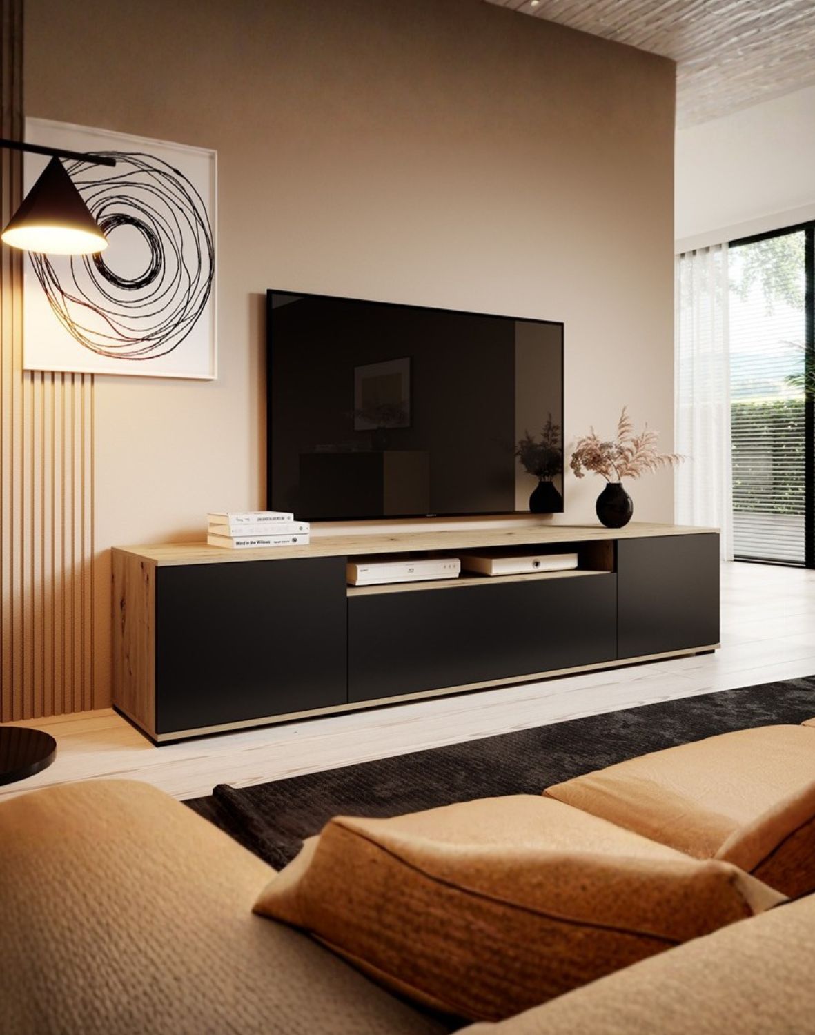 komoda rtv 200 logan dąb artisan czarny na niskch nóżkach