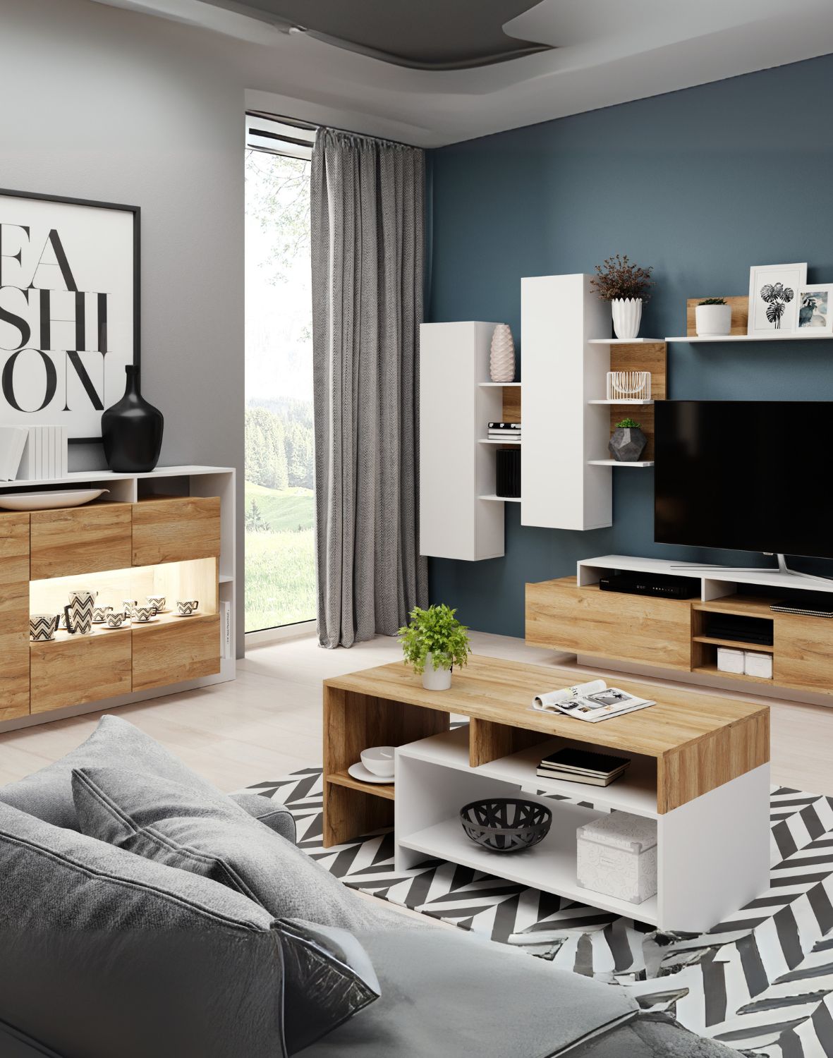 nowoczesna ława do salonu z półkami alva