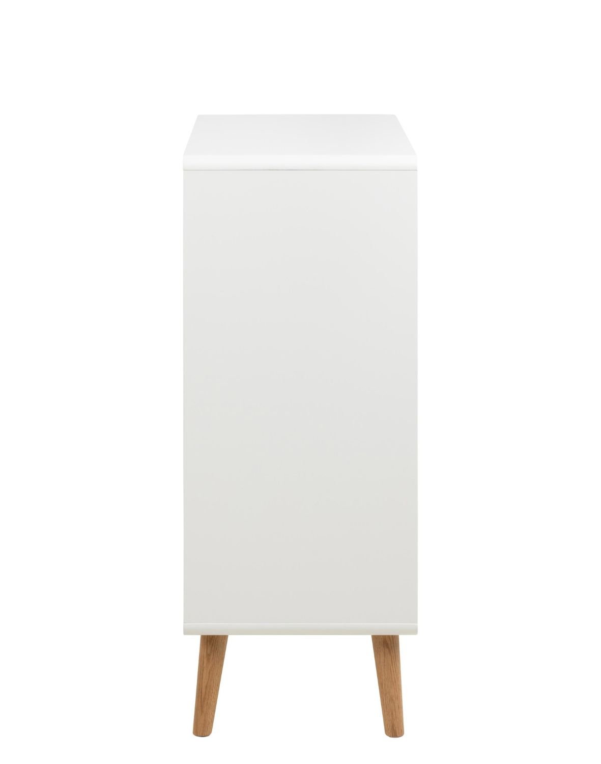 biała komoda lowell z 4 szufladami i dębowymi nogami (05743)