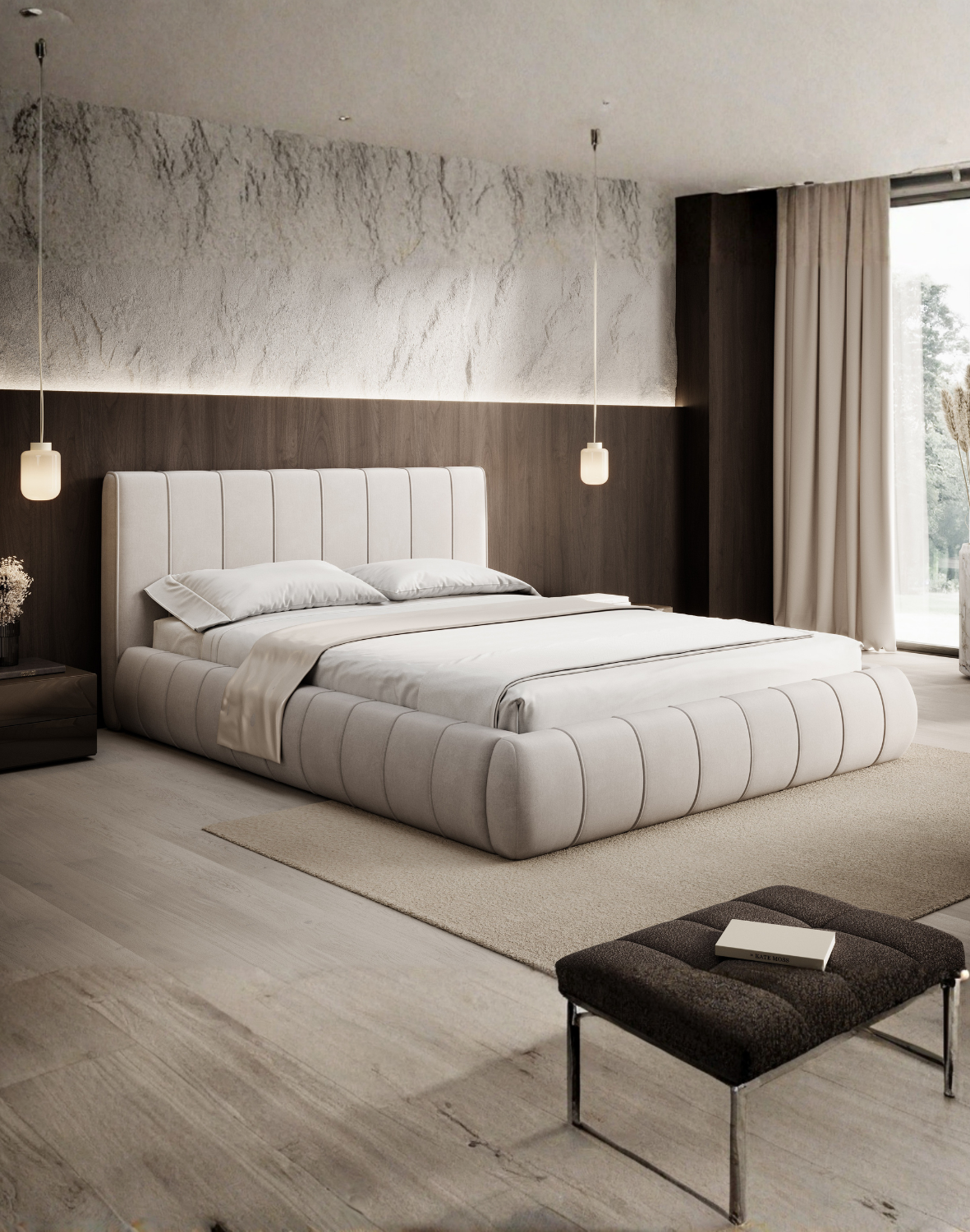 łóżko tapicerowane z pojemnikiem molly z wezgłowiem z dekoracyjną kedrą