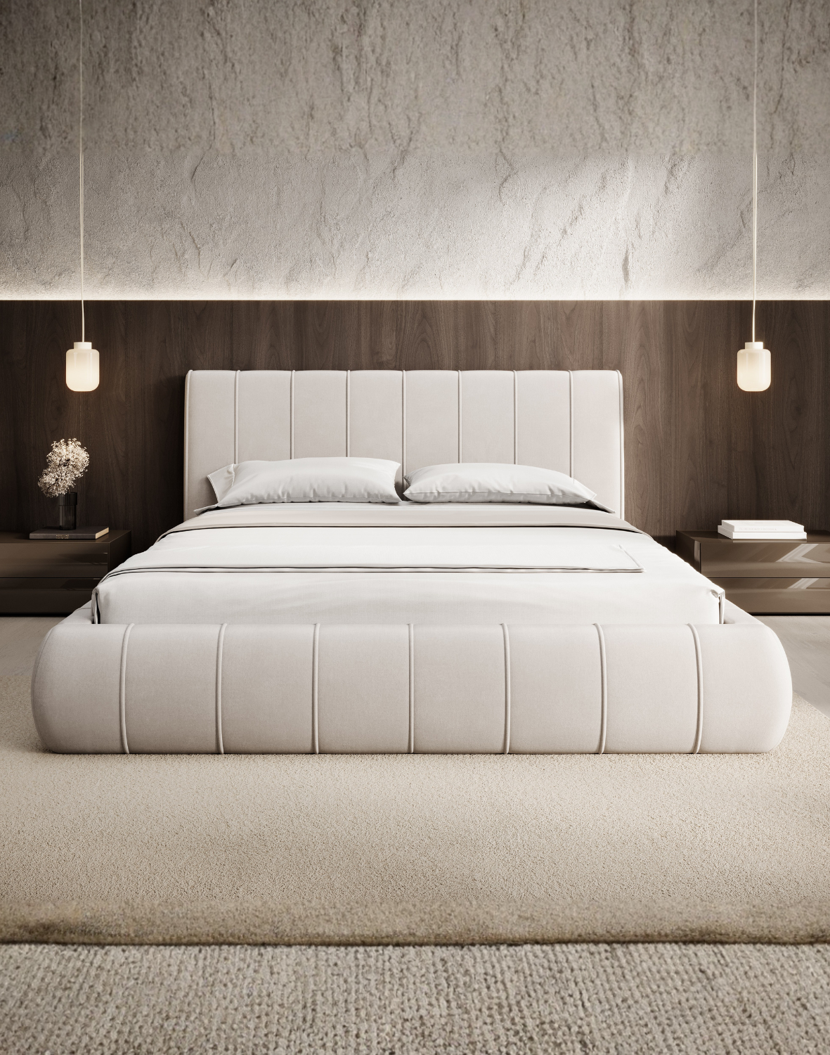 łóżko tapicerowane z pojemnikiem molly z wezgłowiem z dekoracyjną kedrą