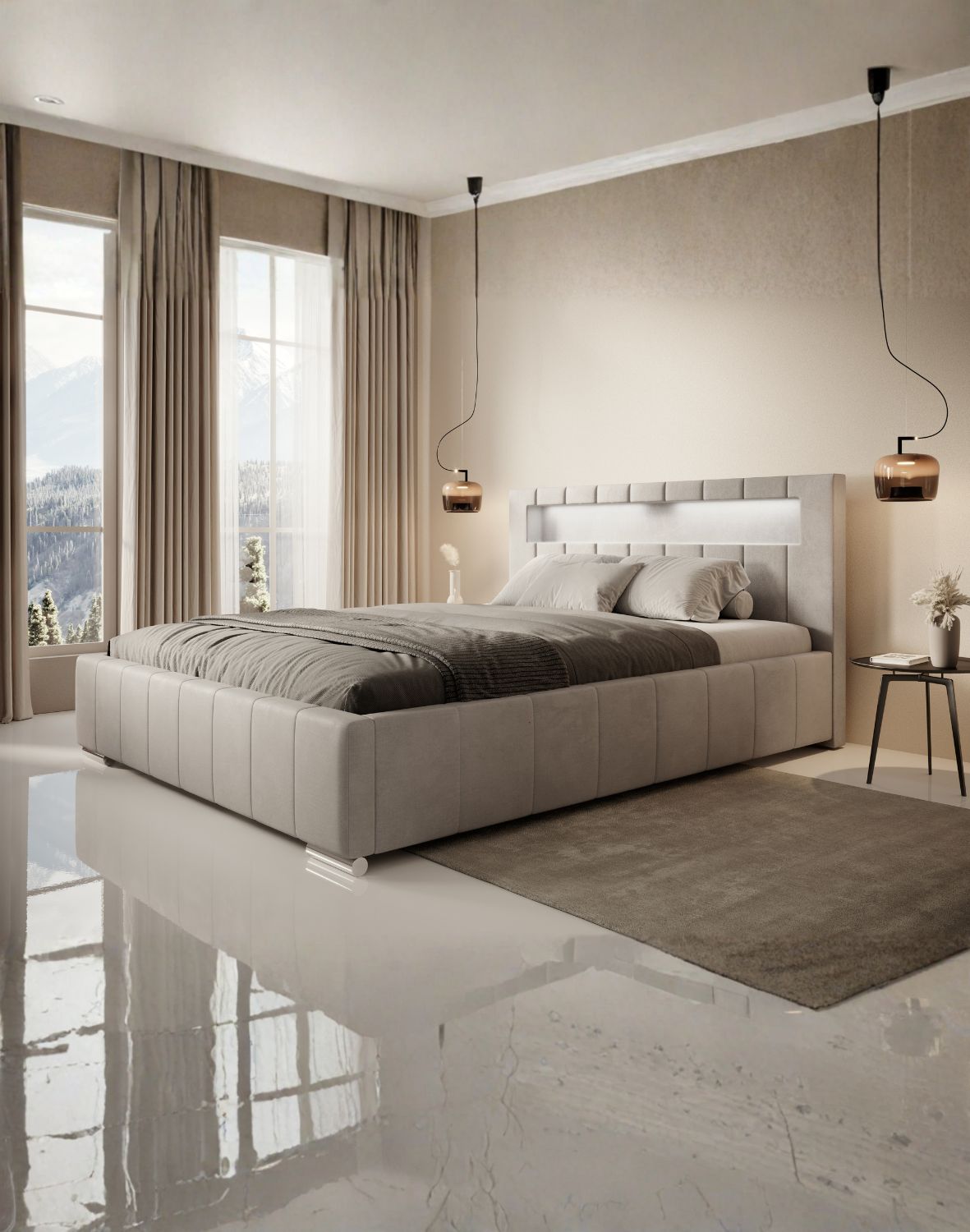 tapicerowane łóżko z led i pojemnikiem honey