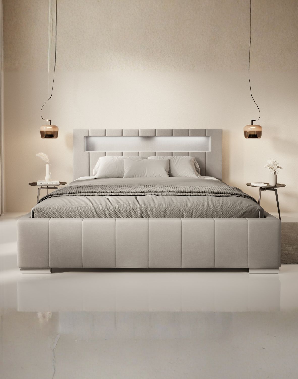 tapicerowane łóżko z led i pojemnikiem honey