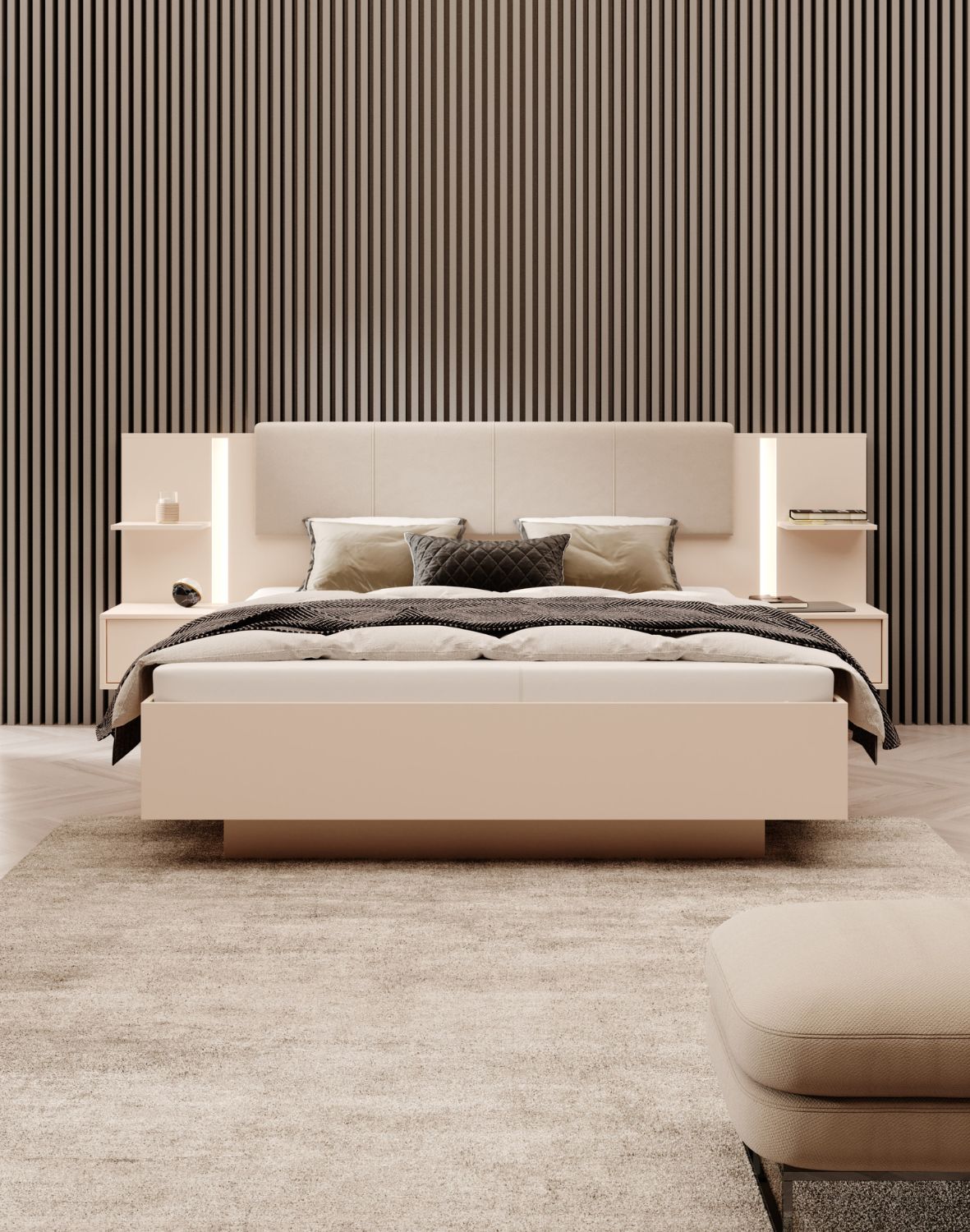 łóżko z szafkami nocnymi i led dast k