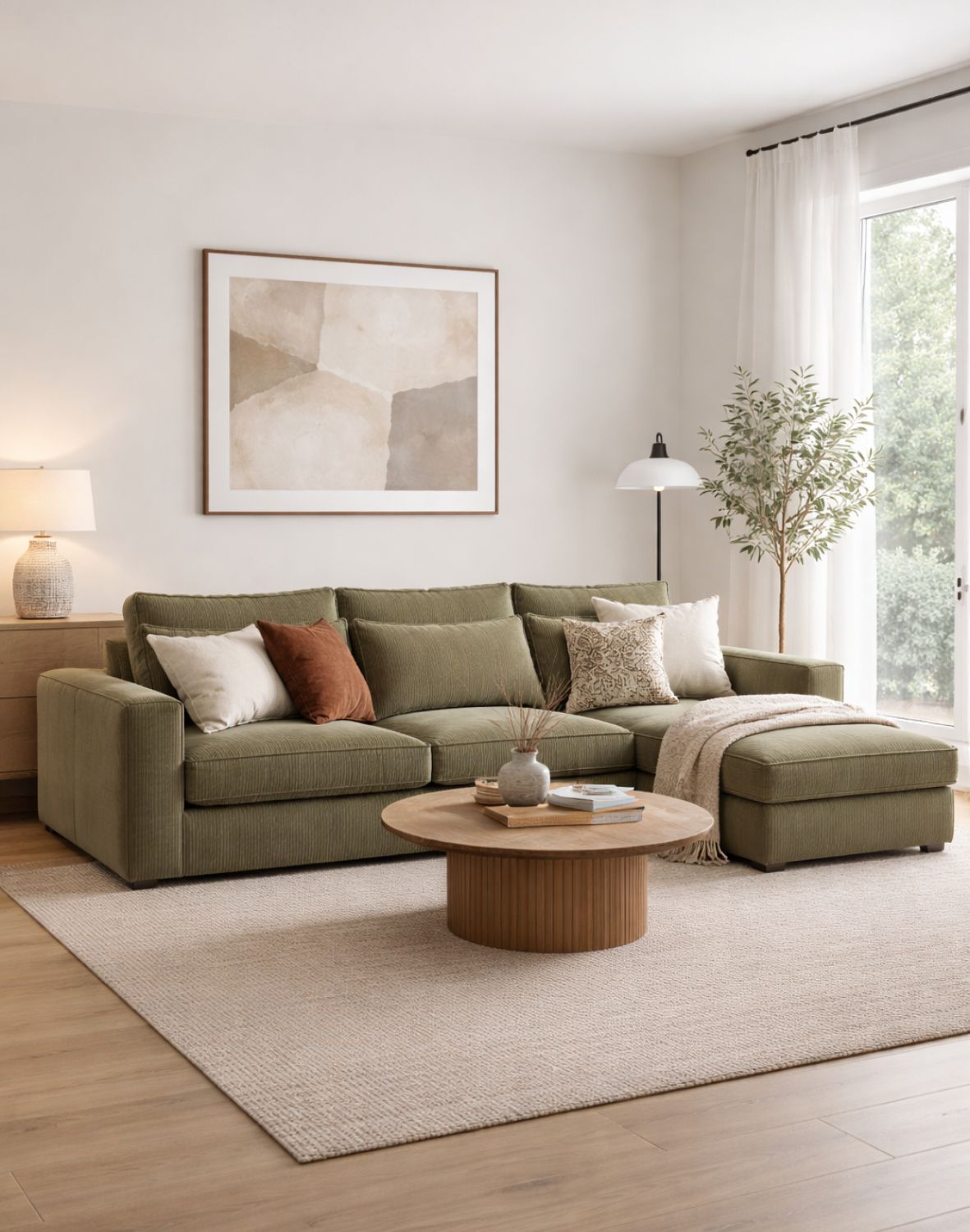 salon z dużą zieloną kanapą narożną cleo