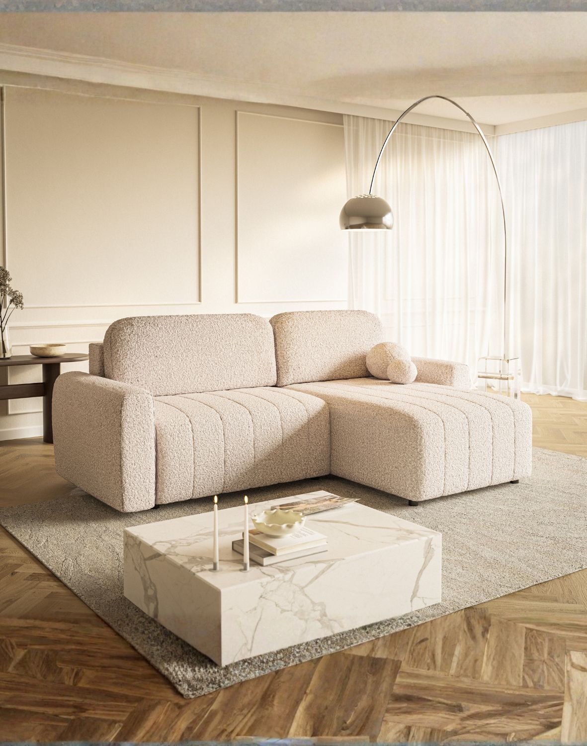 beżowy narożnik luna new w salonie boucle