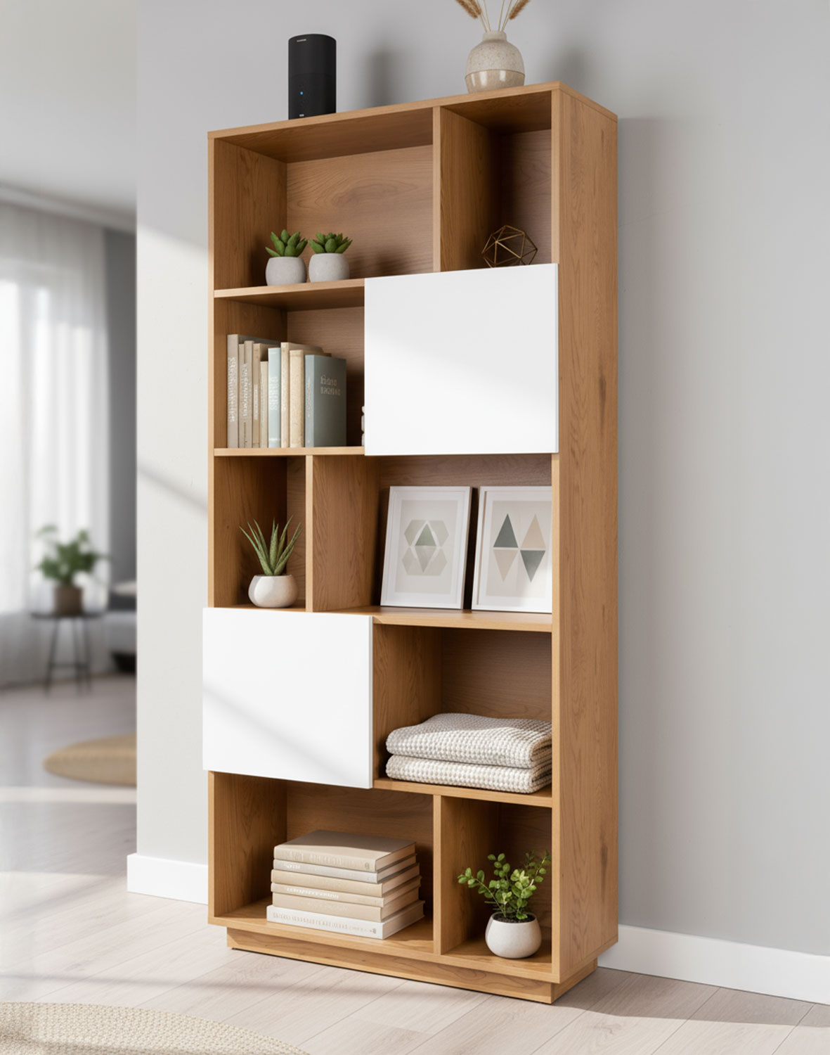 Regał Nevada dąb naturalny z białymi drzwiczkami 80 cm