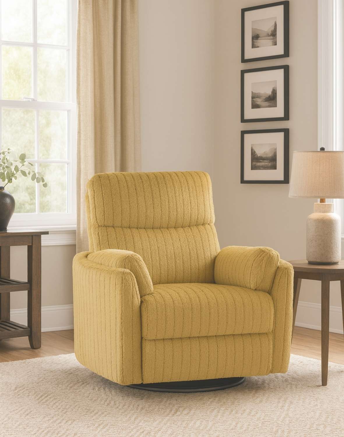 fotel pegas z funkcją elektrycznego rozkładania, obracania i kołyski, musztardowy