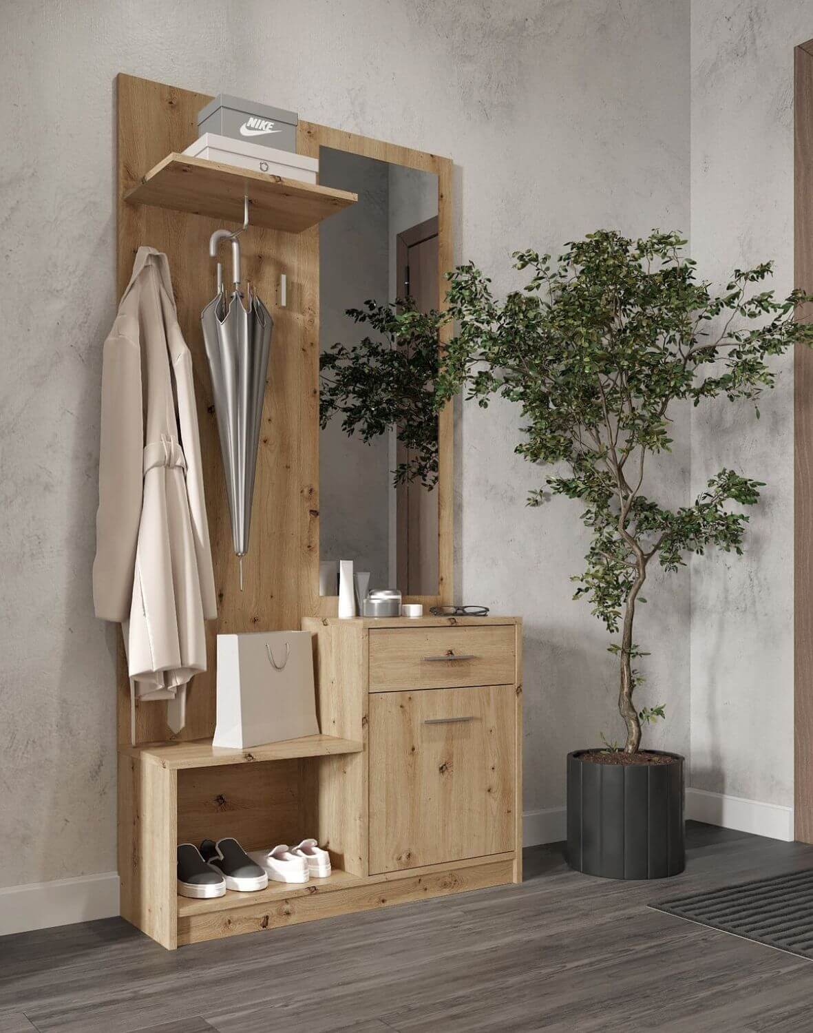 przedpokój pergo, zestaw z lustrem i szafką na buty, dąb artisan