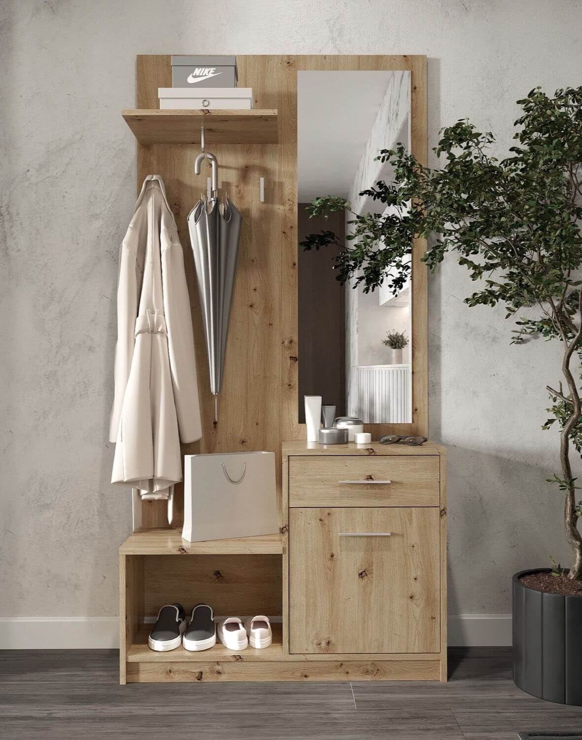 przedpokój pergo, zestaw z lustrem i szafką na buty, dąb artisan