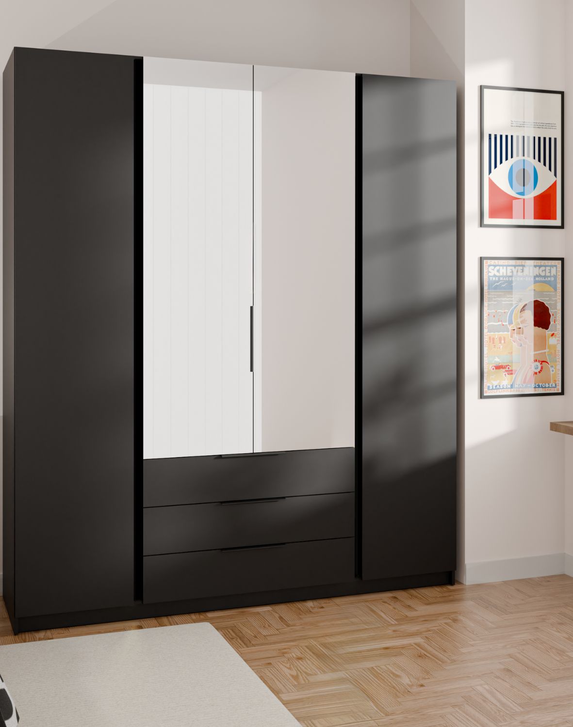 Szafa 4-drzwiowa z lustrami i szufladami Kaja Czarny (BL/BL F 2 lustro 3S)