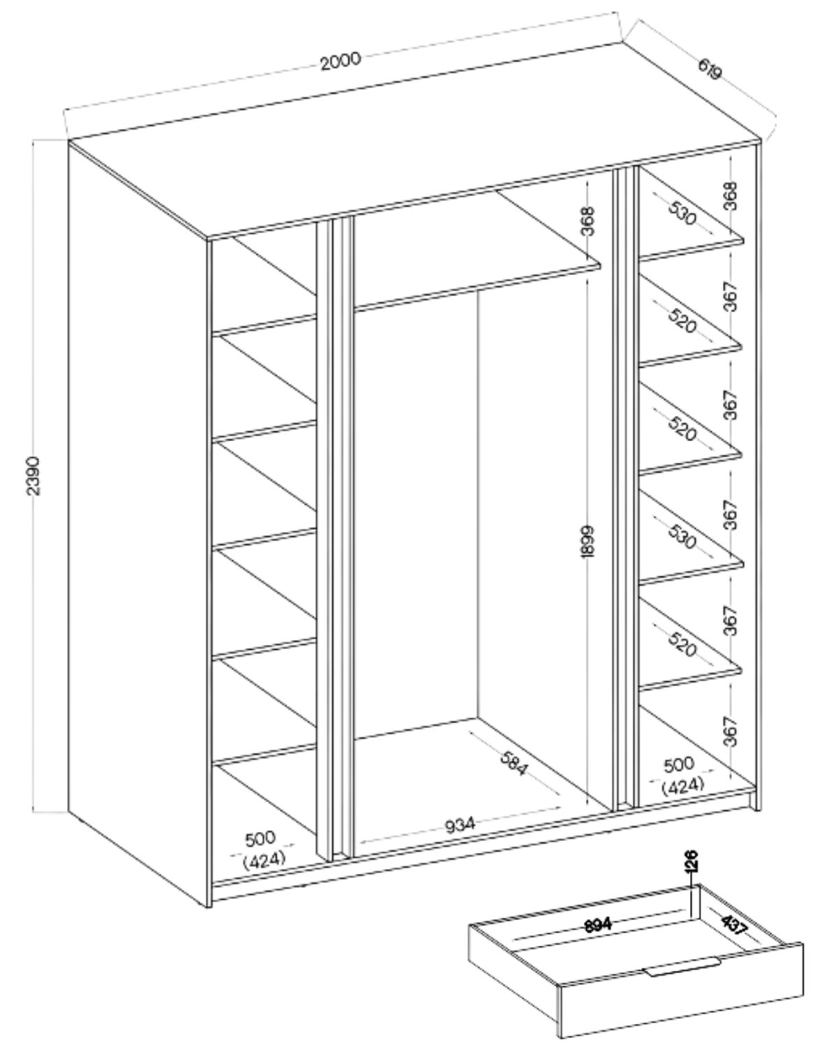 Szafa 4-drzwiowa z lustrami i szufladami Kaja Czarny (BL/BL F 2 lustro 3S)