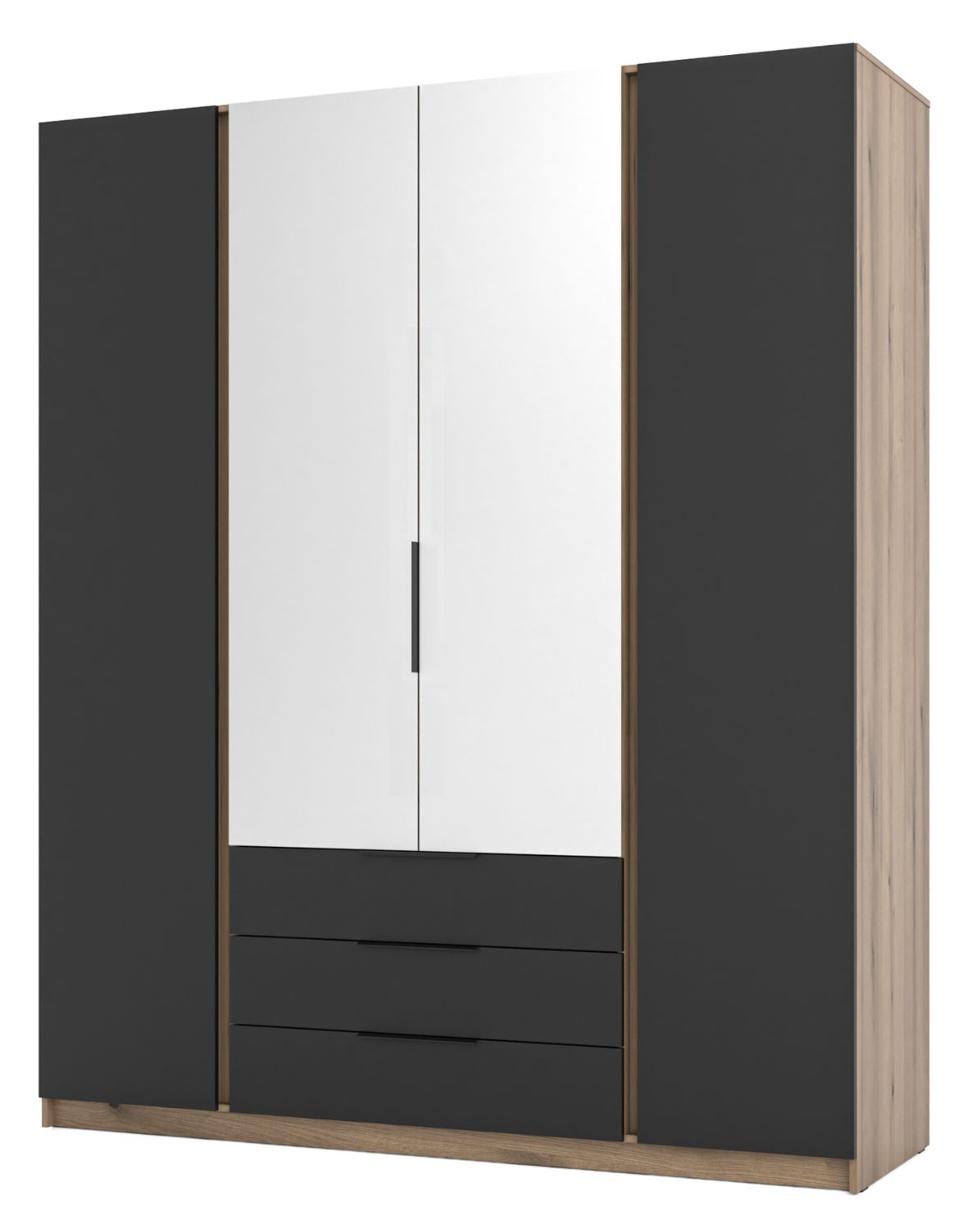 Szafa 4-drzwiowa z lustrami i szufladami Kaja Czarny Korpus, Dąb Evoke (EV/BL, 2F 2 lustro 3S)