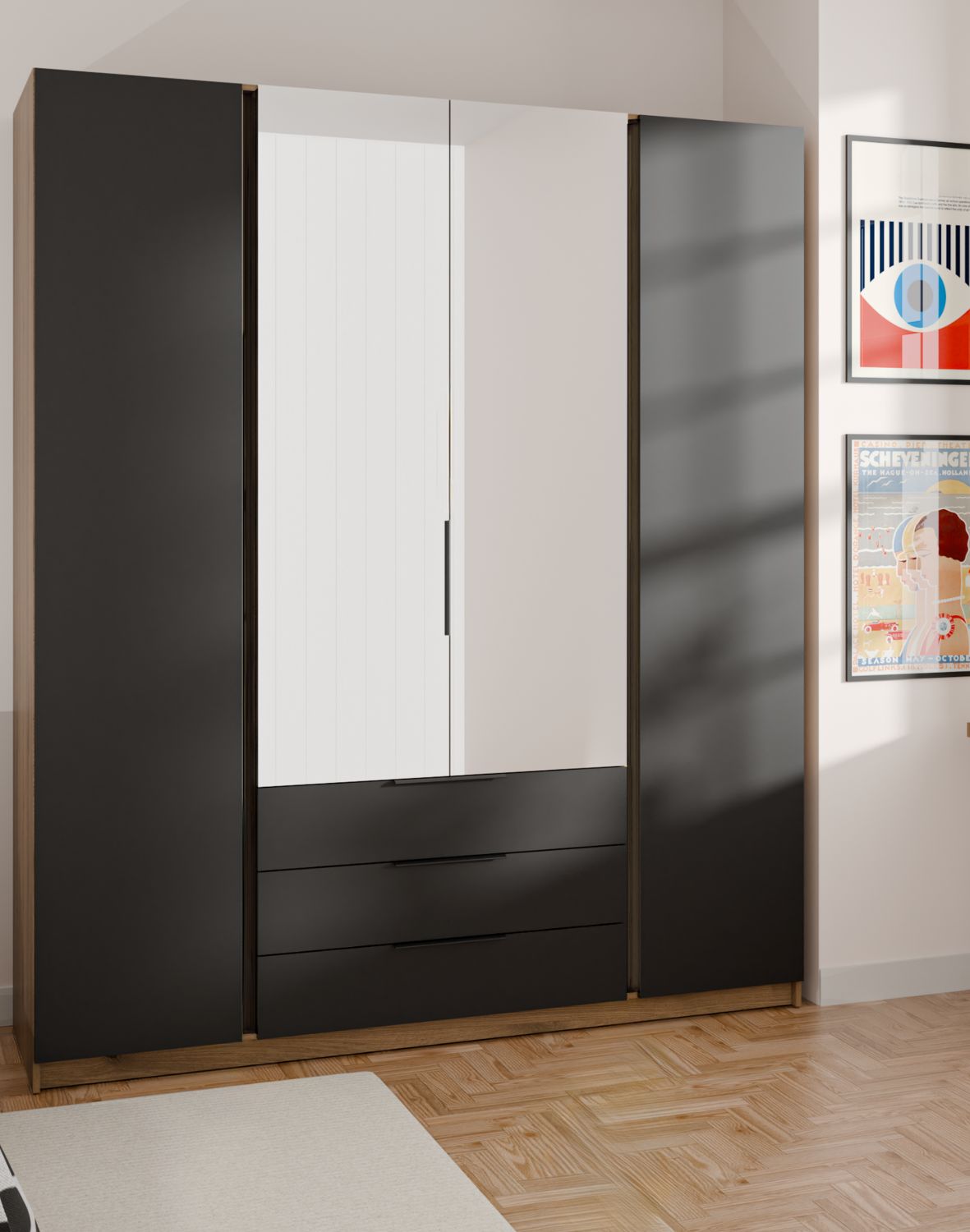 Szafa 4-drzwiowa z lustrami i szufladami Kaja Czarny Korpus, Dąb Evoke (EV/BL, 2F 2 lustro 3S)