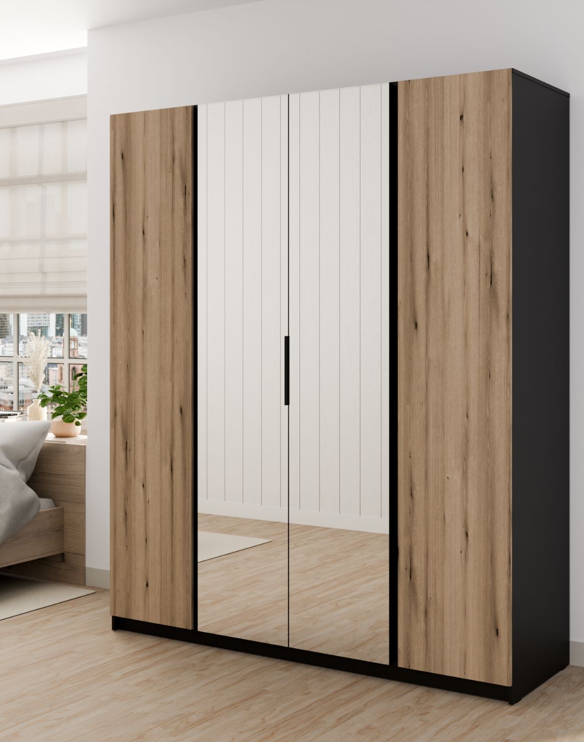 Szafa 4-drzwiowa z lustrami Kaja BL/EV 2F, 2 Lustro Dąb Evoke, Czarny