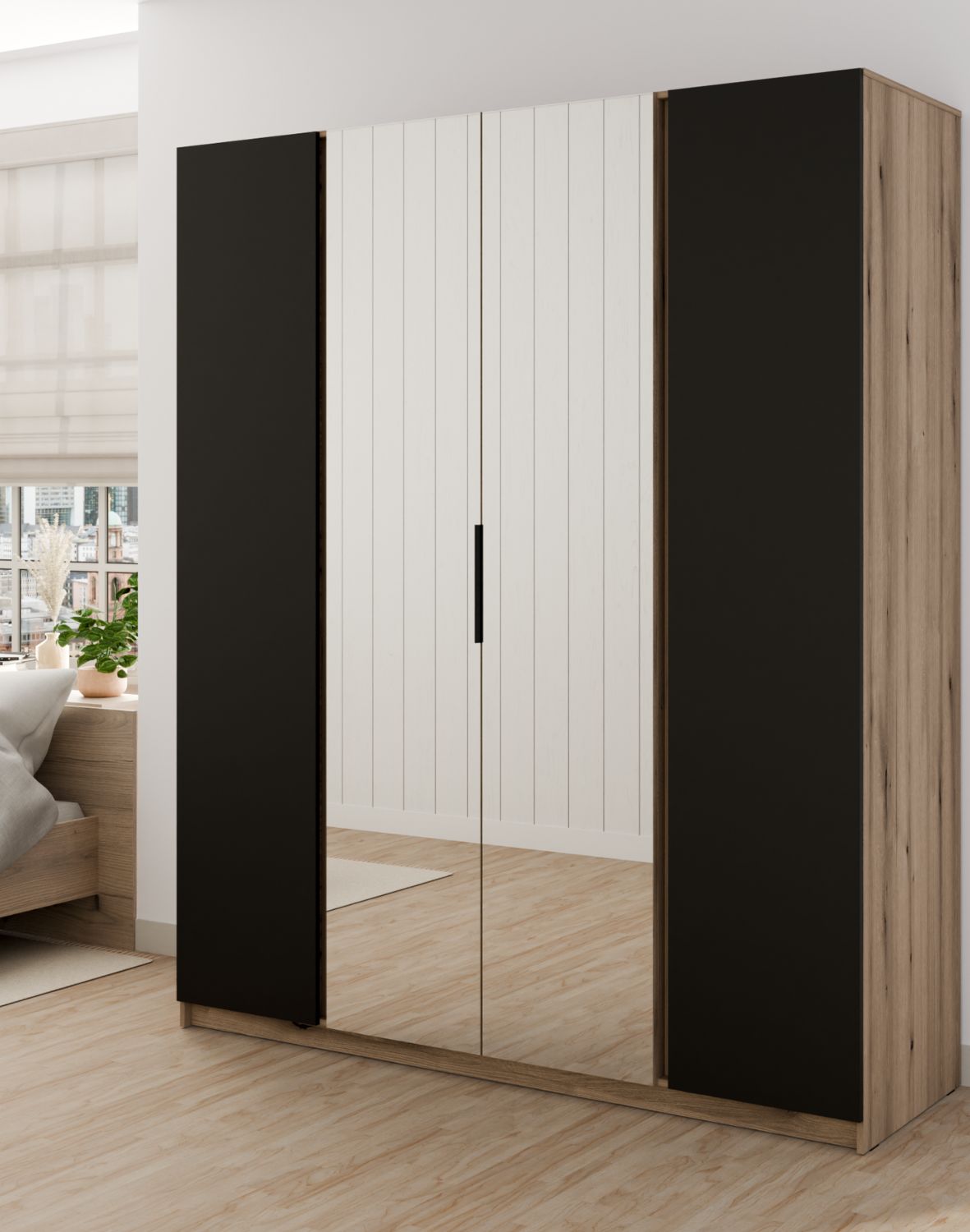 Szafa 4-drzwiowa z lustrami Kaja EV/BL 2F, 2 Lustro, Dąb Evoke, Czarny