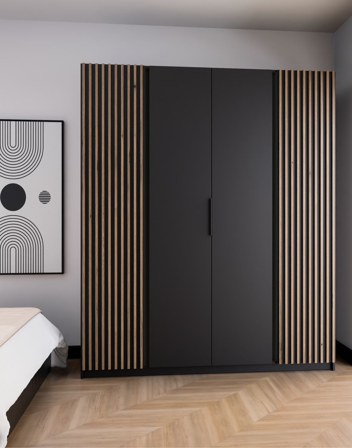 Szafa 4-drzwiowa z lamelami Kaja BL/BL-EV 2LAM, 2F Czarny, Dąb Evoke