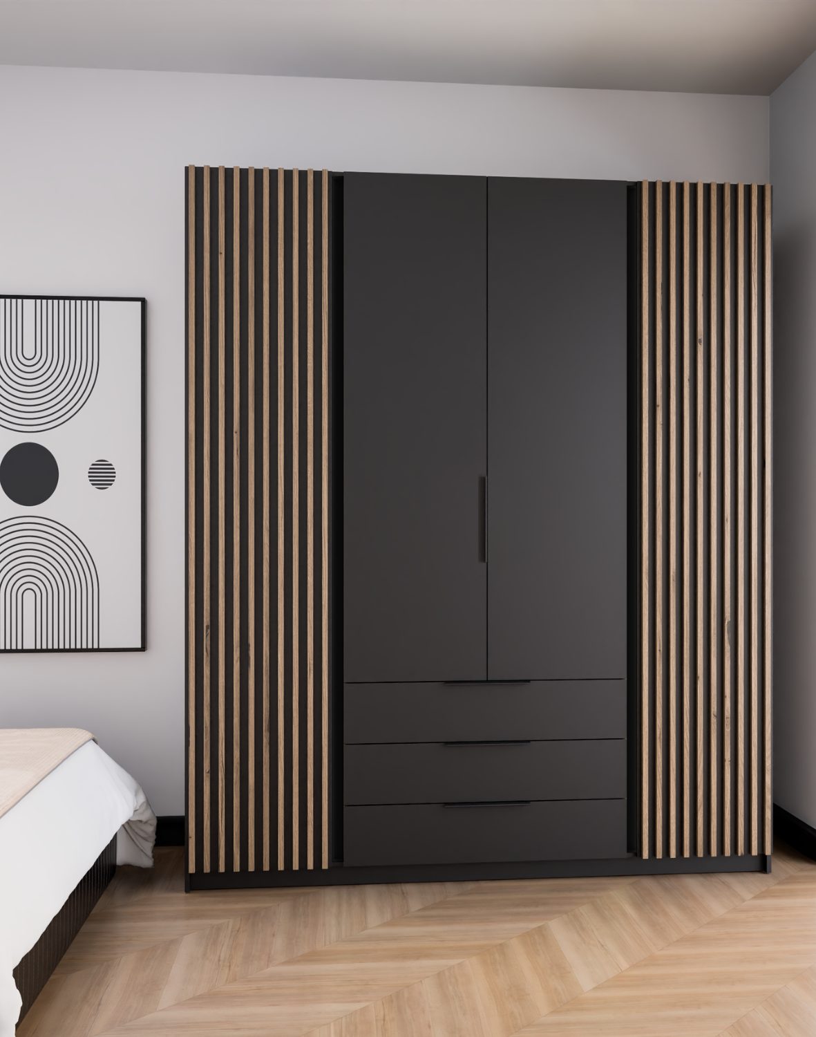 Szafa 4-drzwiowa z szufladami i lamelami Kaja BL/BL-EV 2LAM 2F3S Czarny, Lamele Dąb Evoke