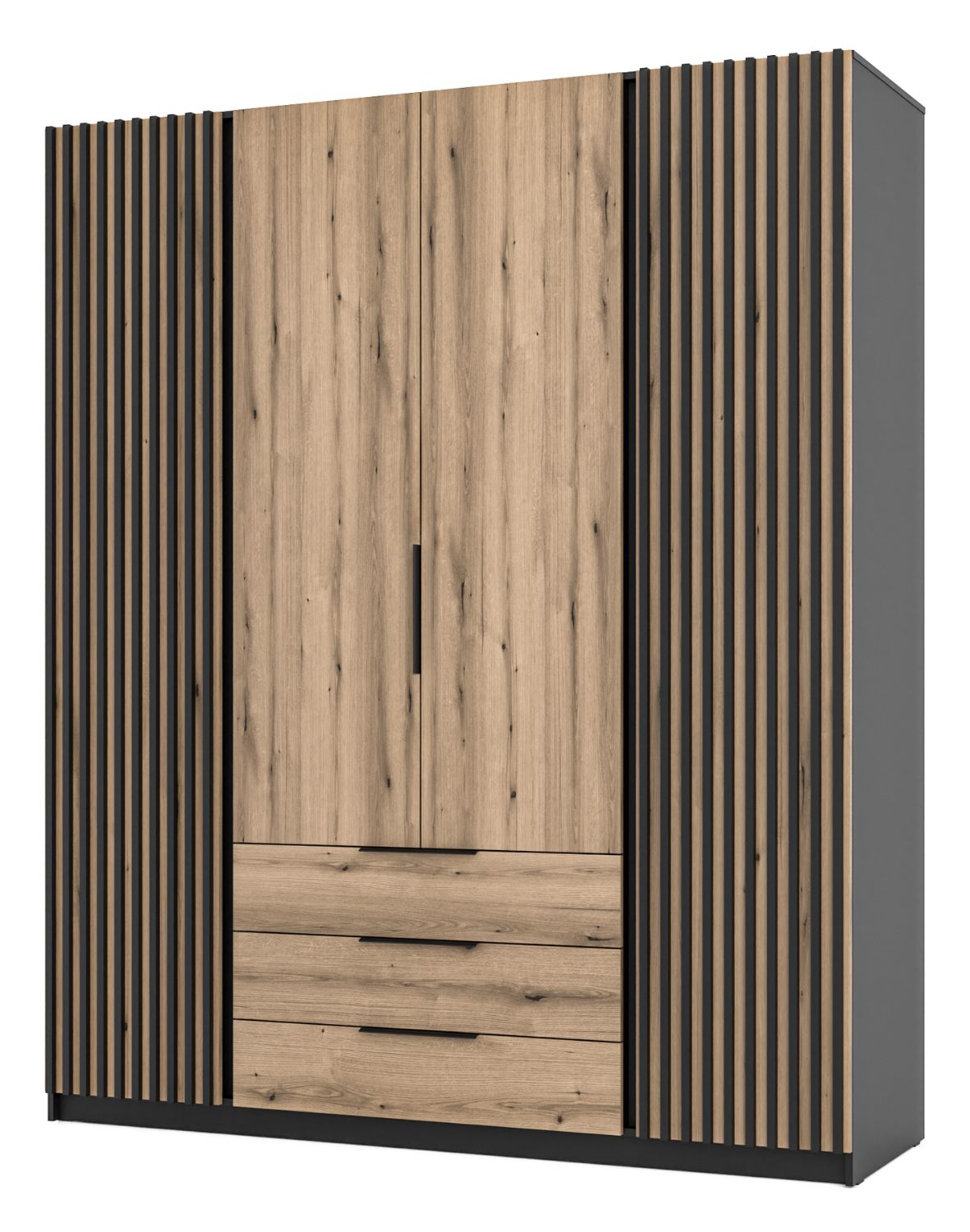 Szafa 4-drzwiowa z szufladami i lamelami Kaja BL/EV 2LAM 4F3S Dąb Evoke, Czarny