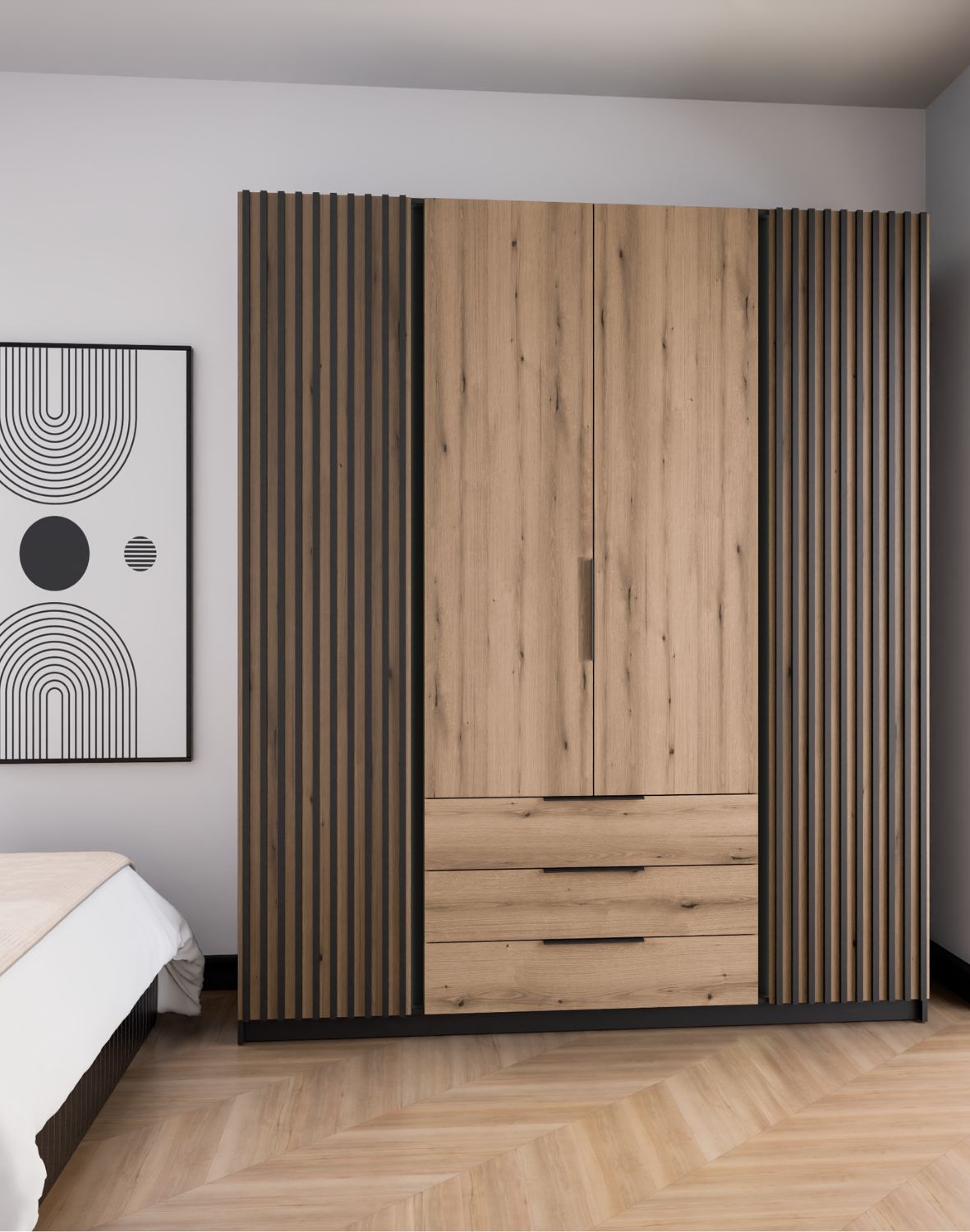 Szafa 4-drzwiowa z szufladami i lamelami Kaja BL/EV 2LAM 4F3S Dąb Evoke, Czarny