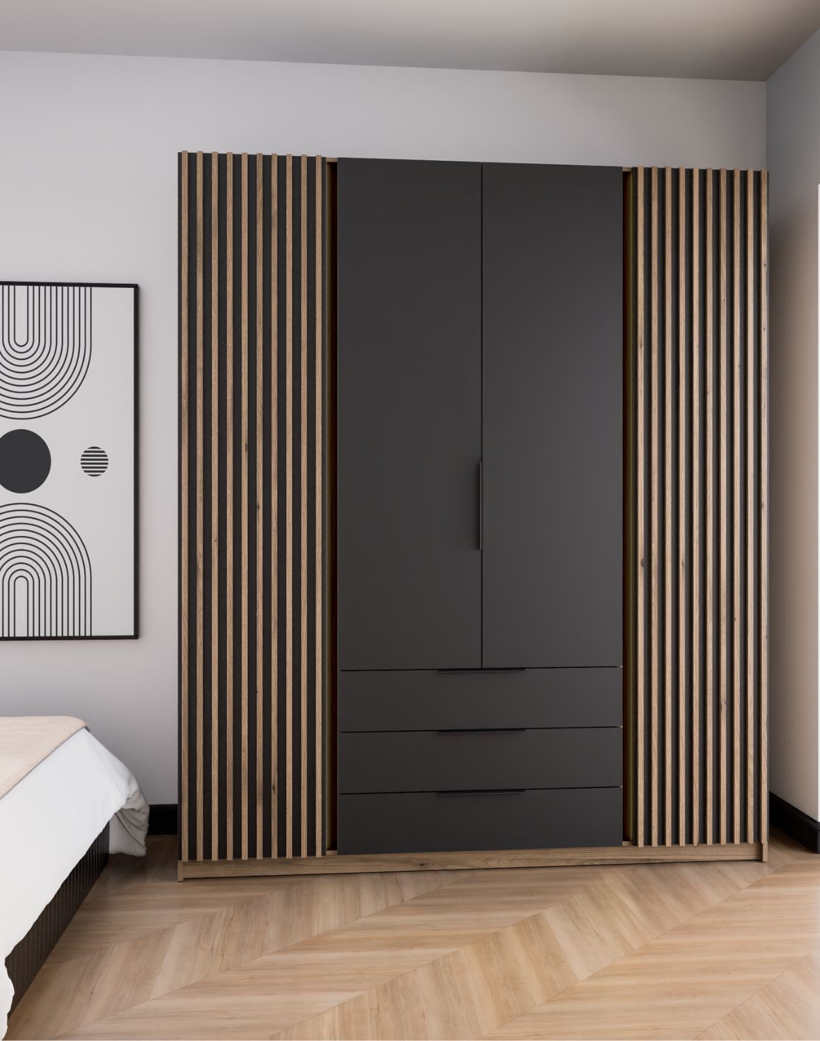 Szafa 4-drzwiowa z szufladami i lamelami Kaja EV/BL-EV 2LAM 2F3S Czarny, Lamele Dąb Evoke